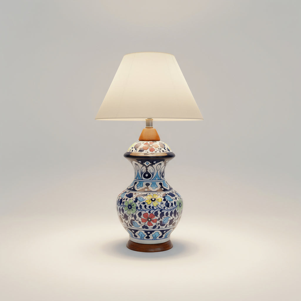 Hand-Painted Blue Pottery High Lamp Base – 16″ Tall with Multicolor Floral Motifs