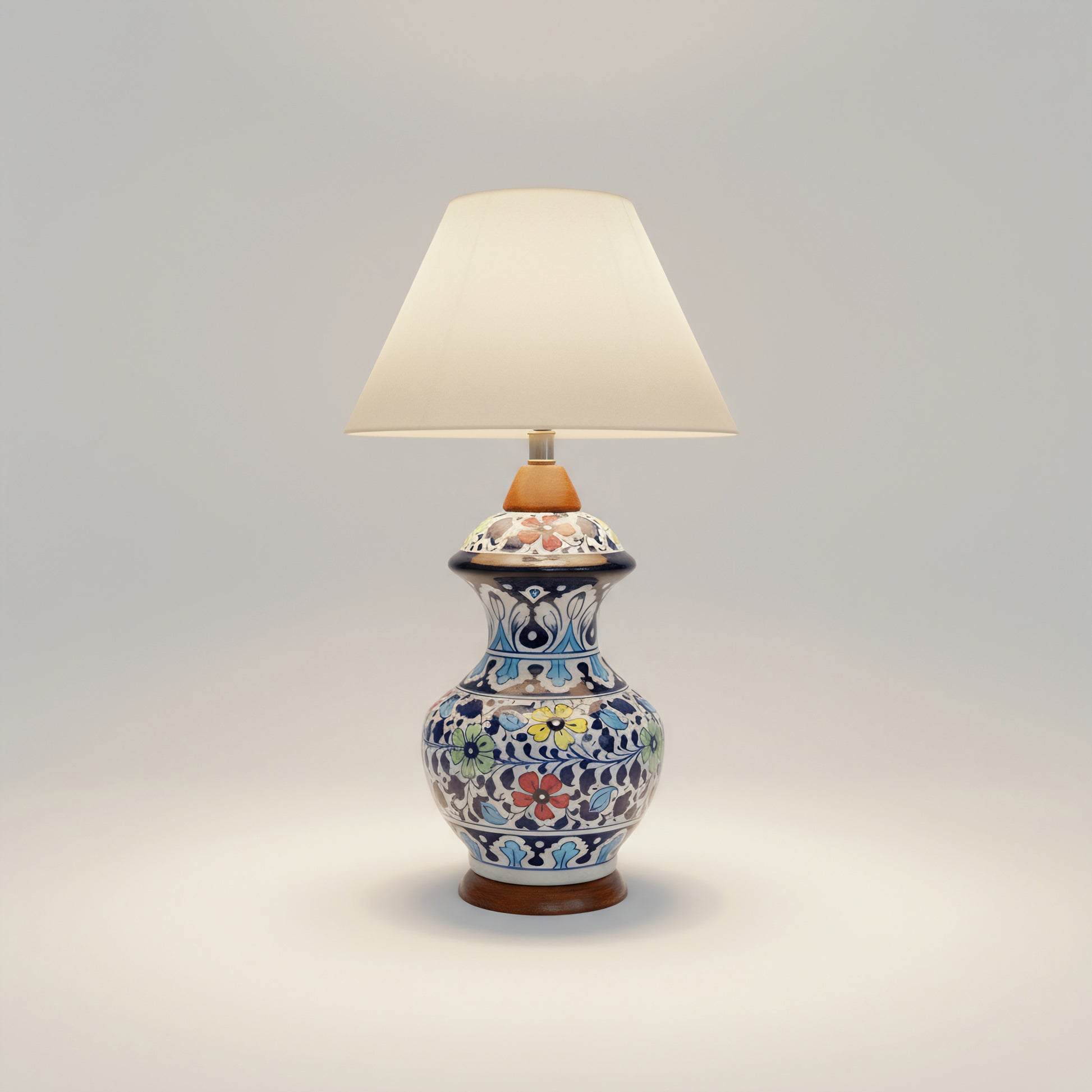 Hand-Painted Blue Pottery High Lamp Base – 16″ Tall with Multicolor Floral Motifs