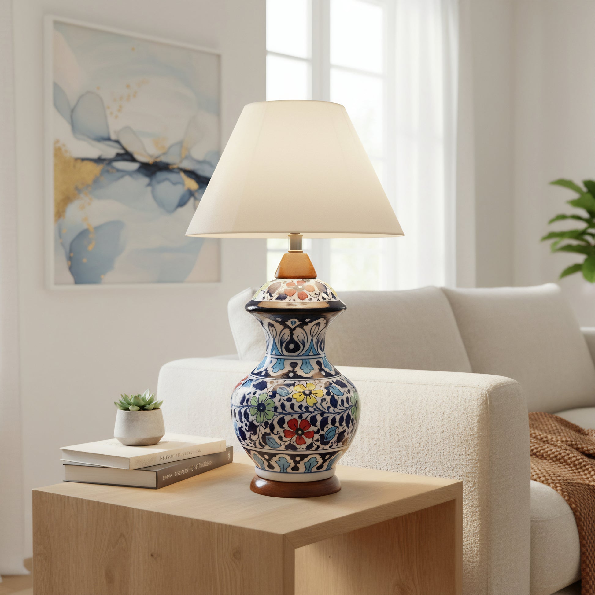 Hand-Painted Blue Pottery High Lamp Base – 16″ Tall with Multicolor Floral Motifs