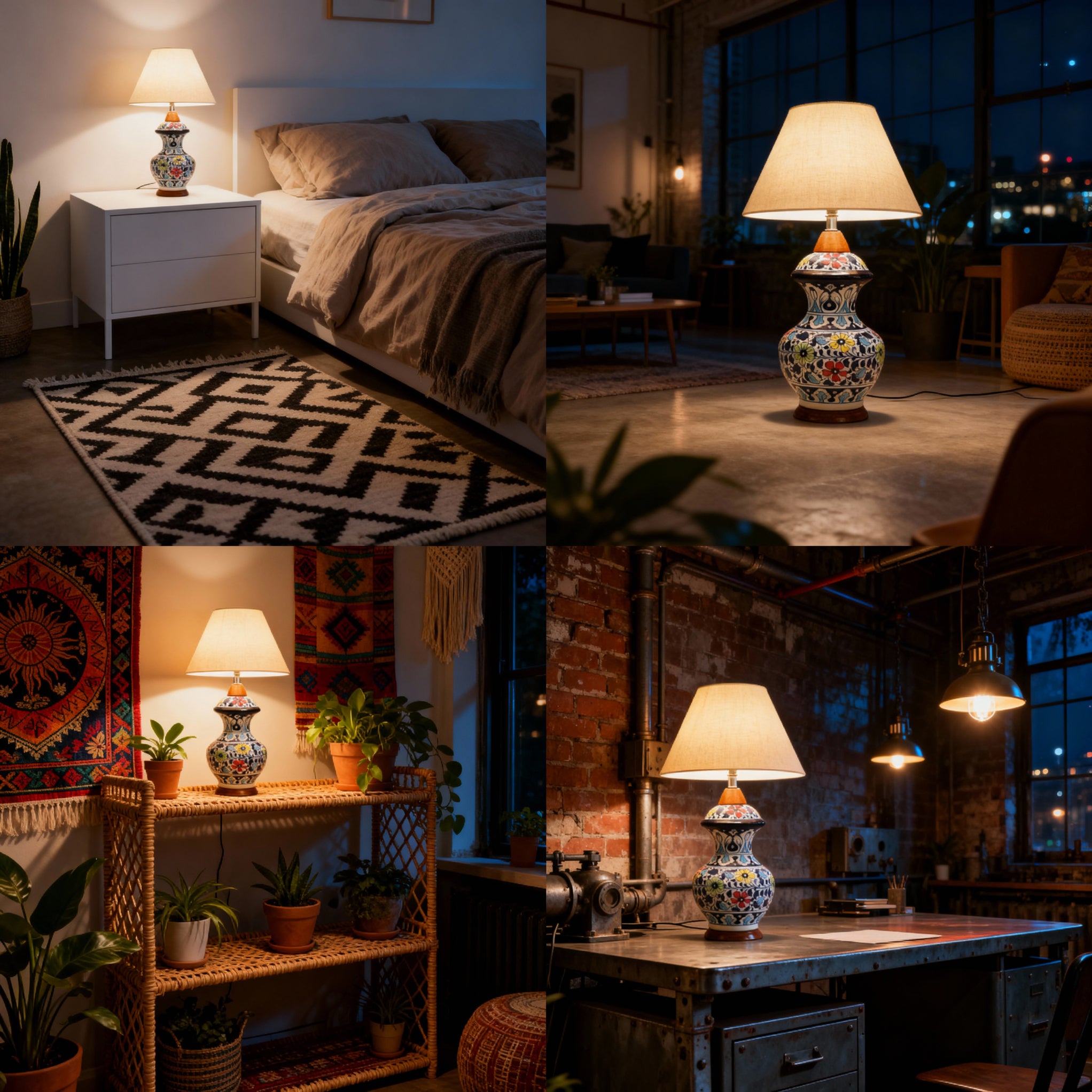 Hand-Painted Blue Pottery High Lamp Base – 16″ Tall with Multicolor Floral Motifs