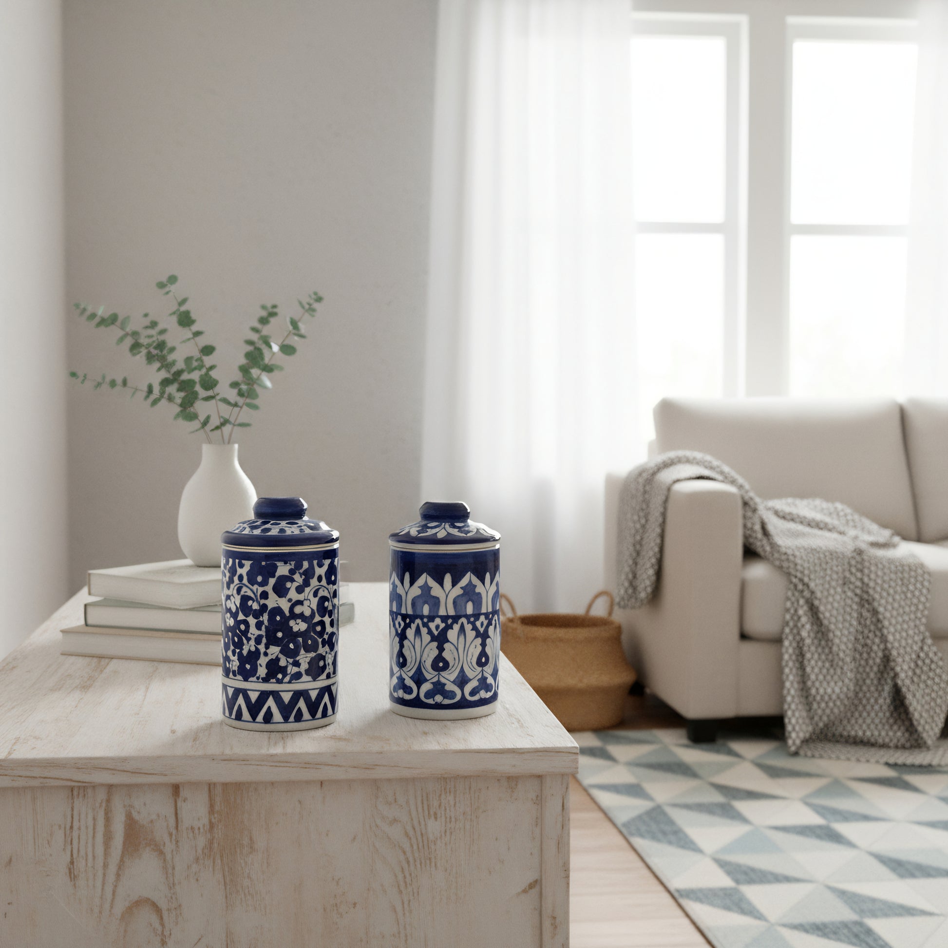 Set of 2 Blue Pottery Ceramic Jars with Lids — 6″ × 3.5″