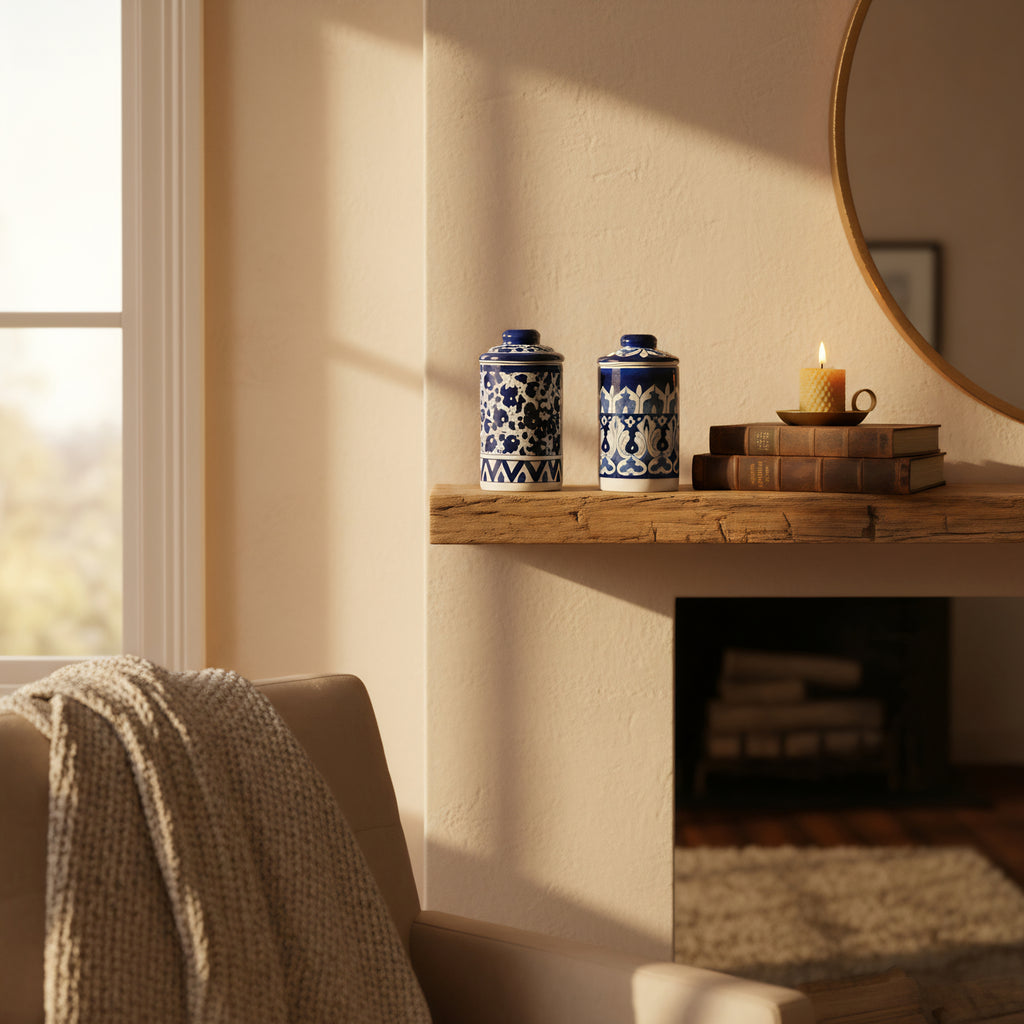 Set of 2 Blue Pottery Ceramic Jars with Lids — 6″ × 3.5″