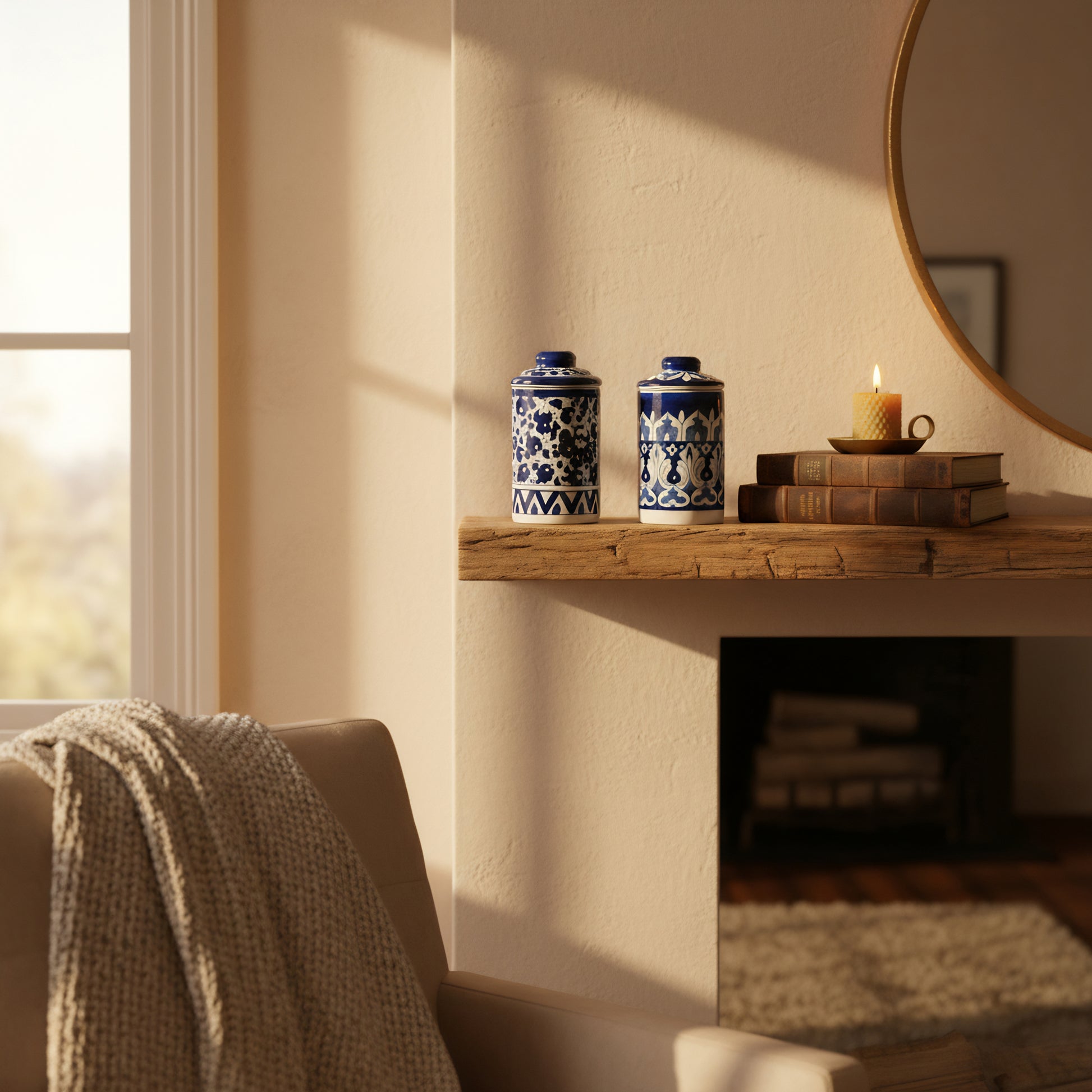 Set of 2 Blue Pottery Ceramic Jars with Lids — 6″ × 3.5″
