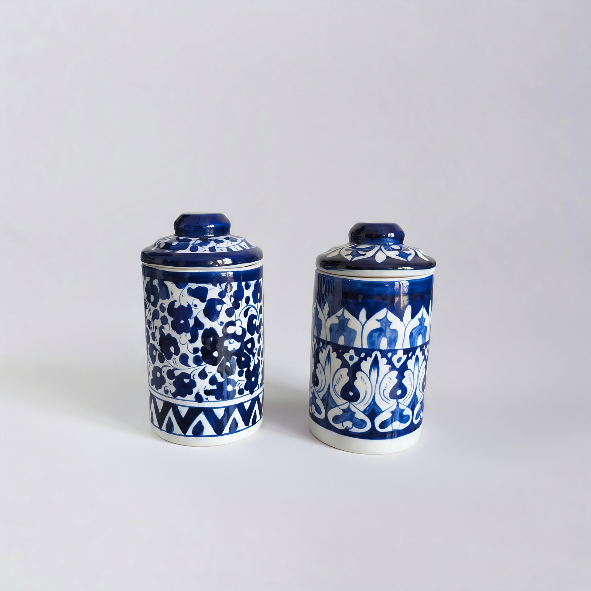 Set of 2 Blue Pottery Ceramic Jars with Lids — 6″ × 3.5″