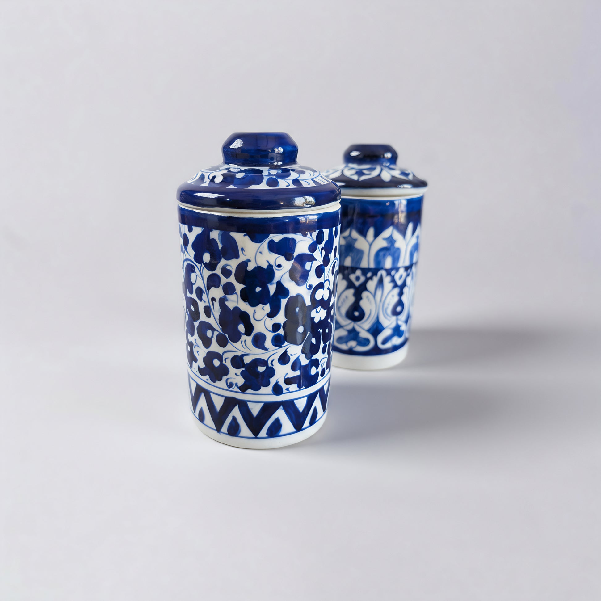 Set of 2 Blue Pottery Ceramic Jars with Lids — 6″ × 3.5″