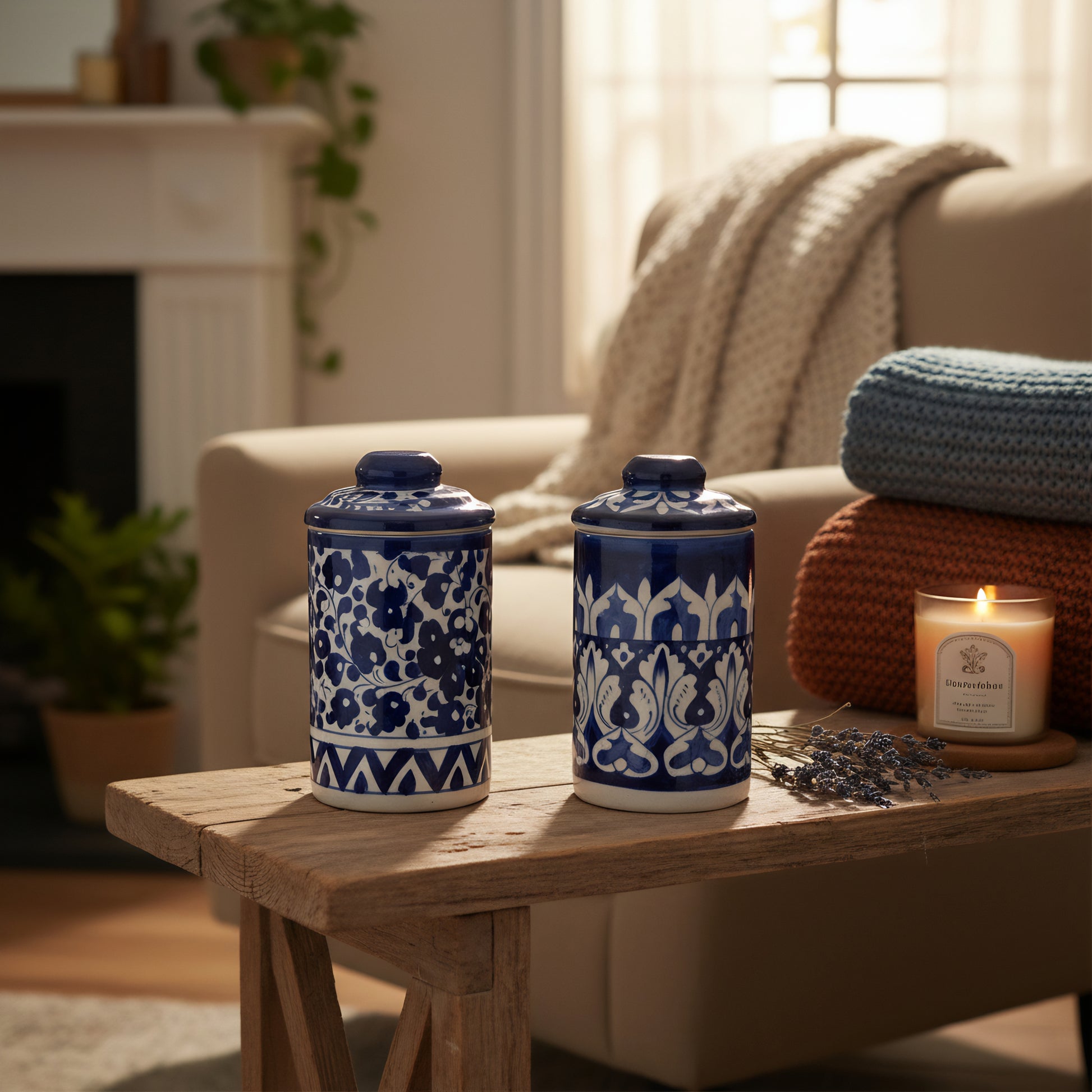 Set of 2 Blue Pottery Ceramic Jars with Lids — 6″ × 3.5″