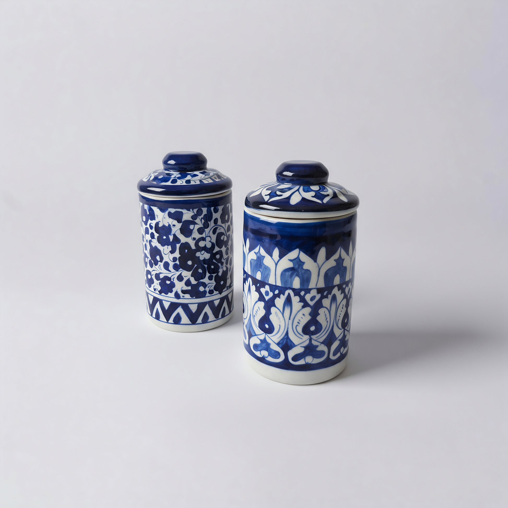 Set of 2 Blue Pottery Ceramic Jars with Lids — 6″ × 3.5″