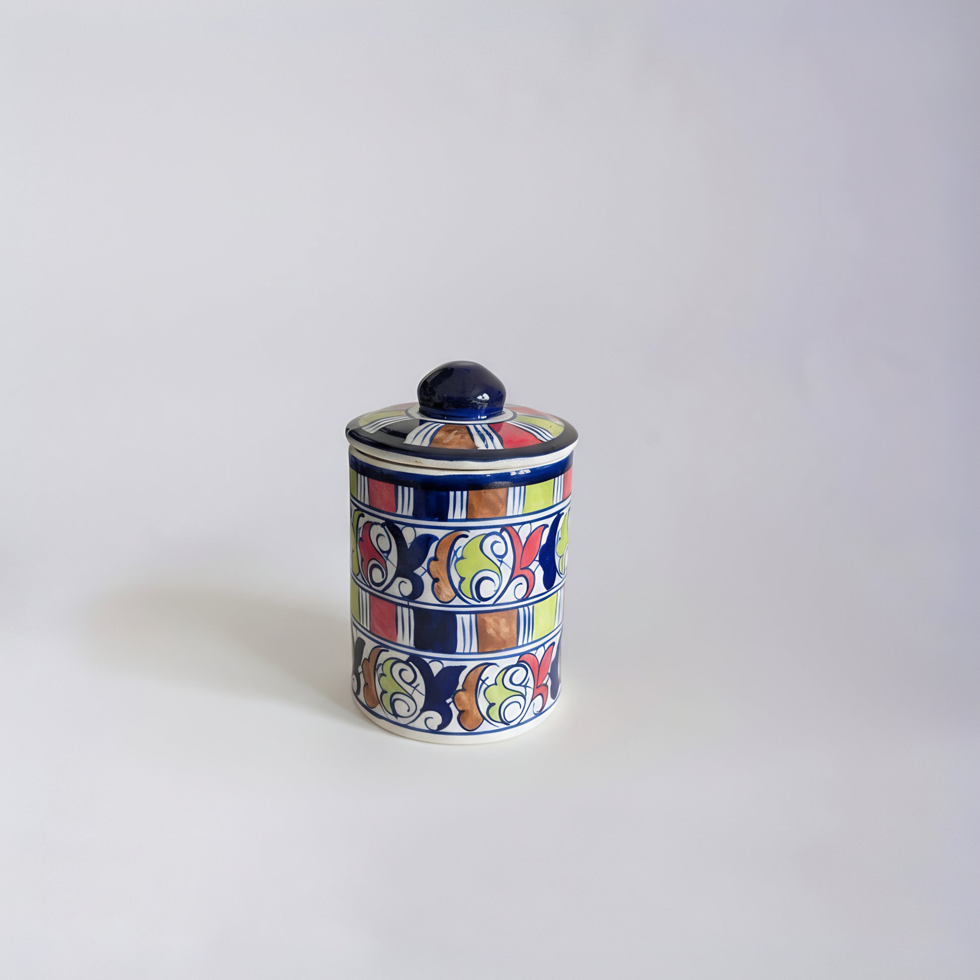 Blue Pottery Jar with Lid — 6″ Multani Ceramic (Colorful Scroll & Stripe Design)