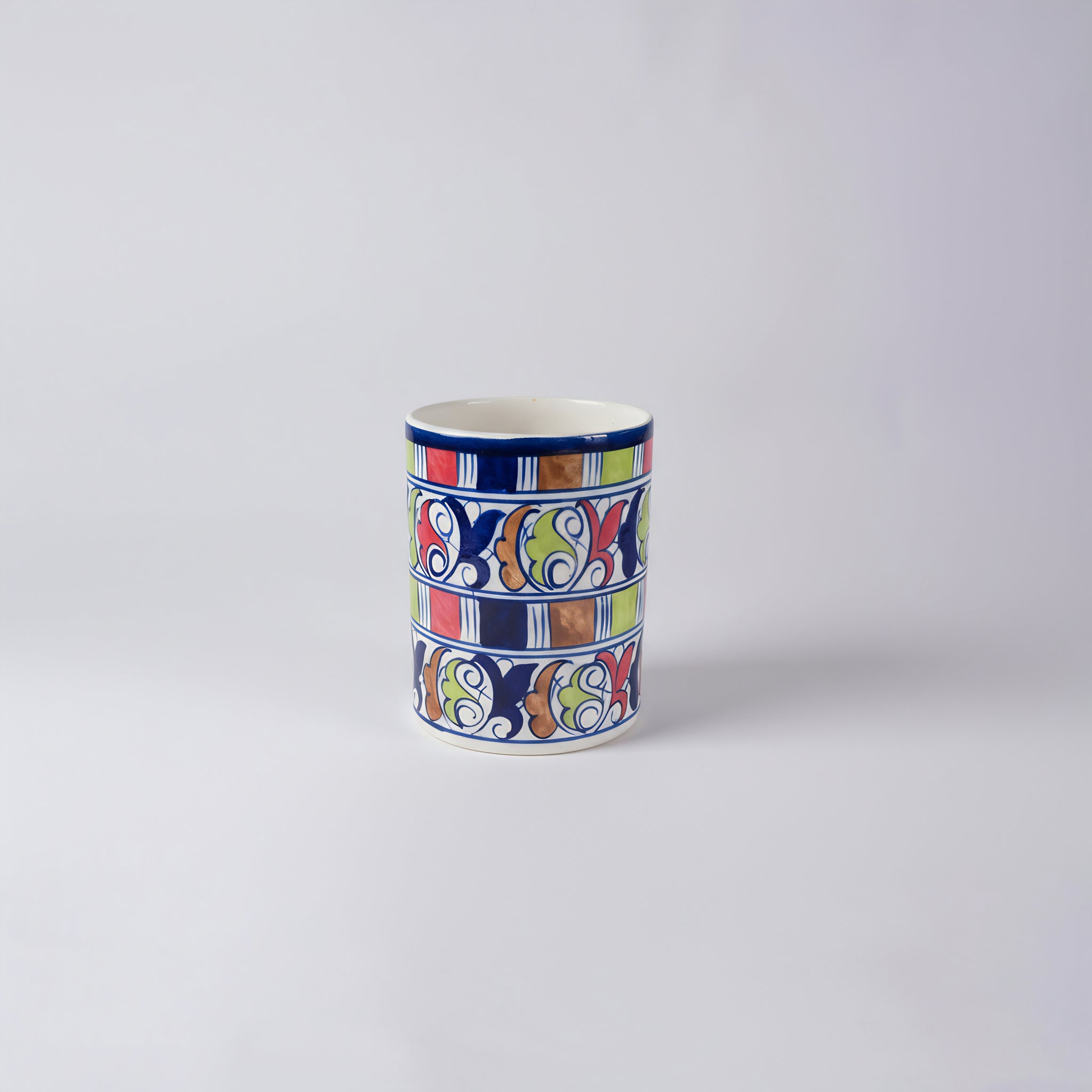 Blue Pottery Jar with Lid — 6″ Multani Ceramic (Colorful Scroll & Stripe Design)
