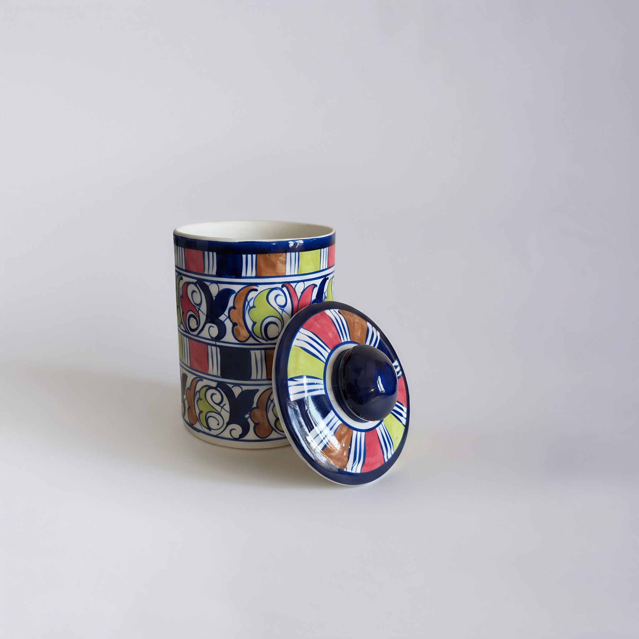 Blue Pottery Jar with Lid — 6″ Multani Ceramic (Colorful Scroll & Stripe Design)