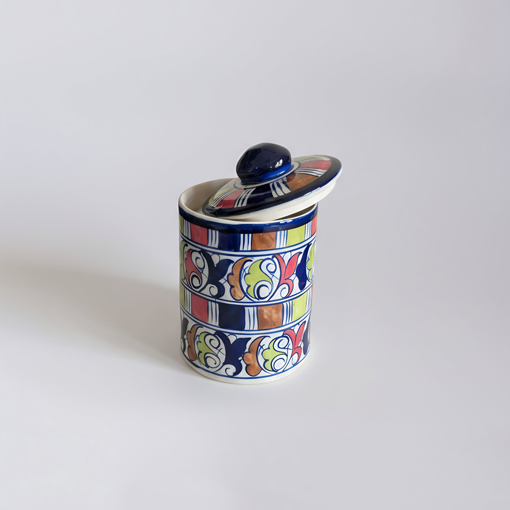 Blue Pottery Jar with Lid — 6″ Multani Ceramic (Colorful Scroll & Stripe Design)