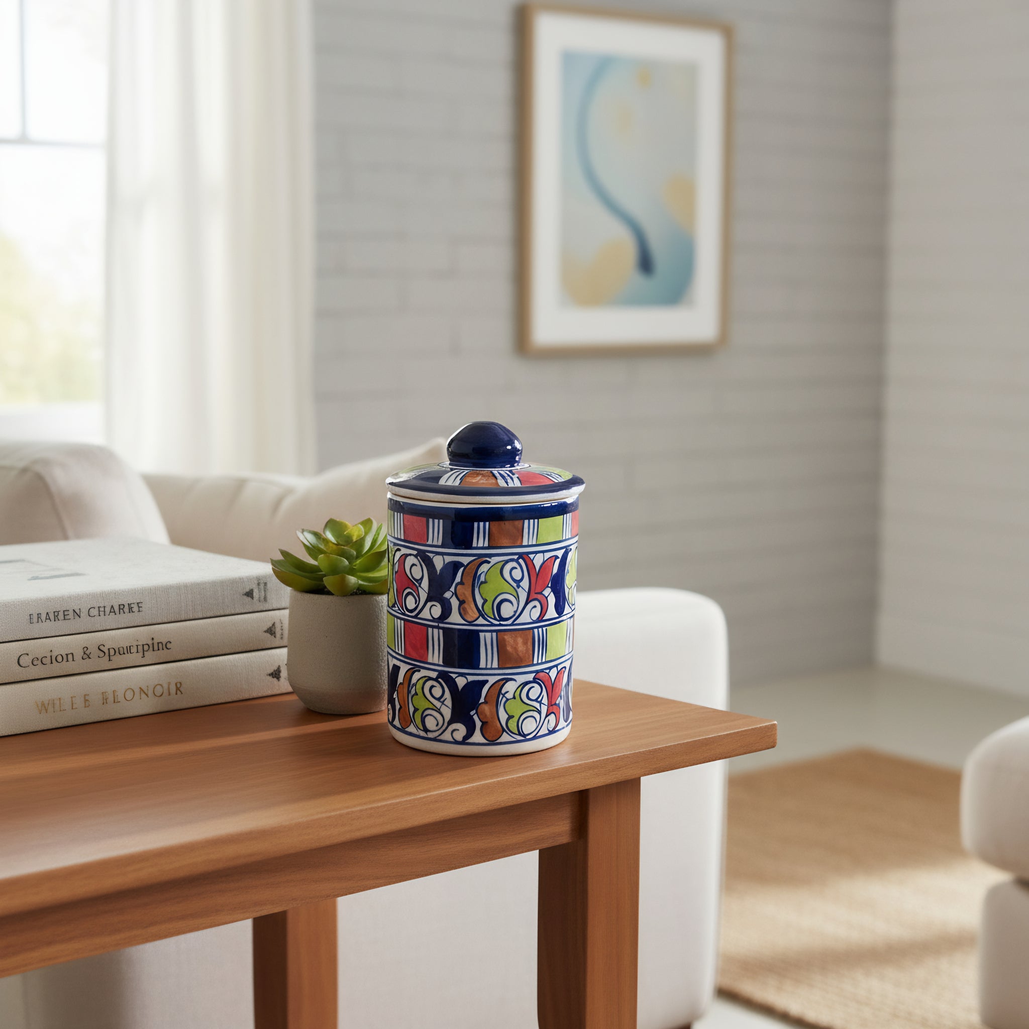 Blue Pottery Jar with Lid — 6″ Multani Ceramic (Colorful Scroll & Stripe Design)