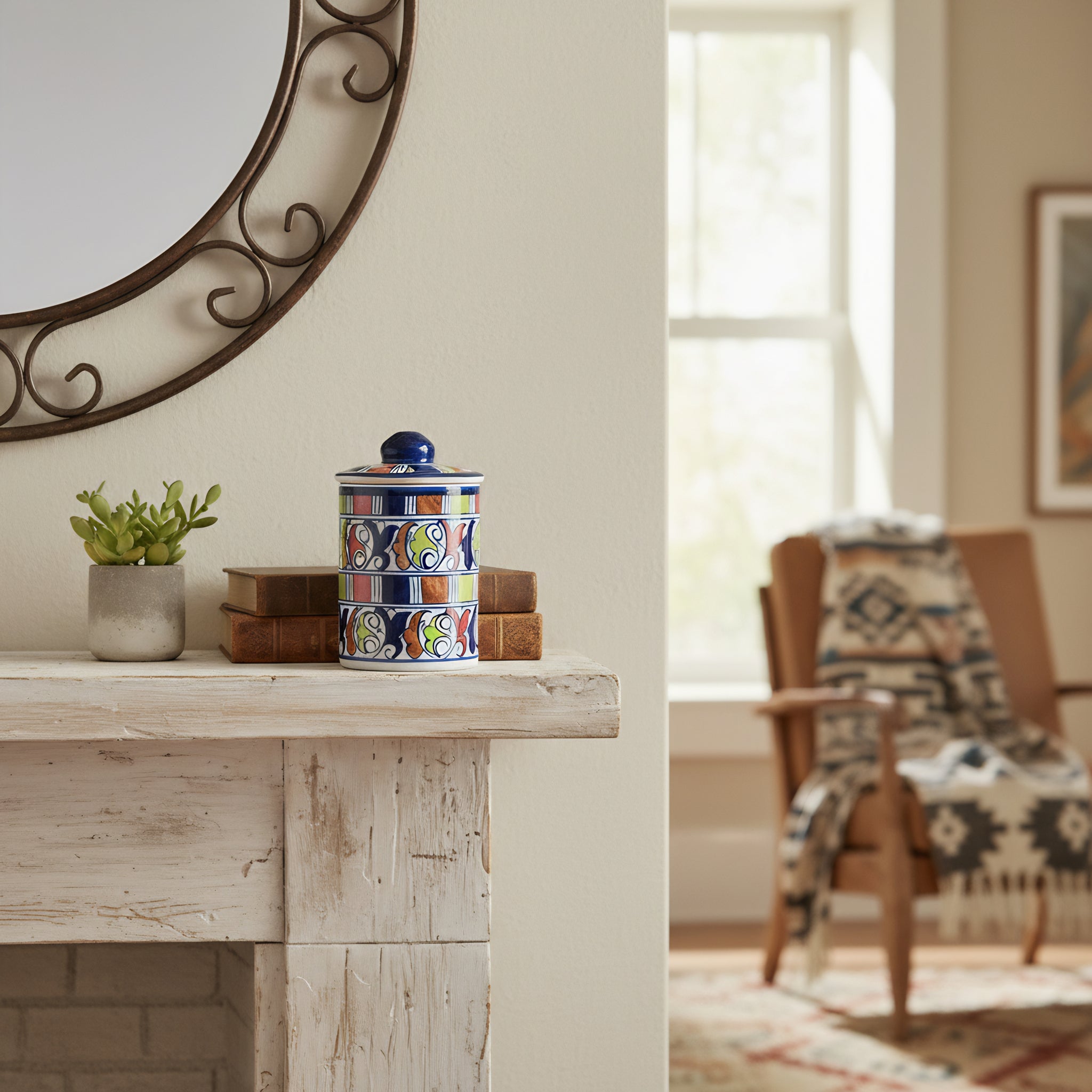 Blue Pottery Jar with Lid — 6″ Multani Ceramic (Colorful Scroll & Stripe Design)