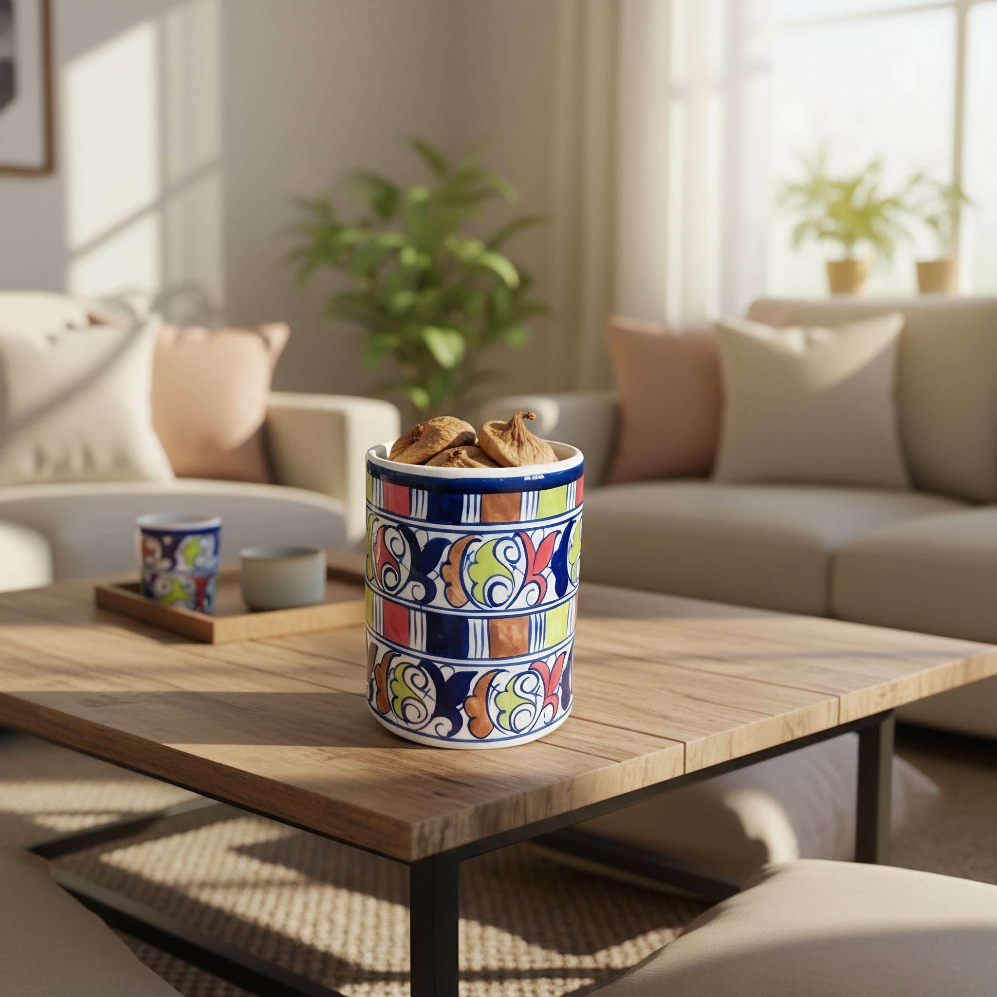 Blue Pottery Jar with Lid — 6″ Multani Ceramic (Colorful Scroll & Stripe Design)