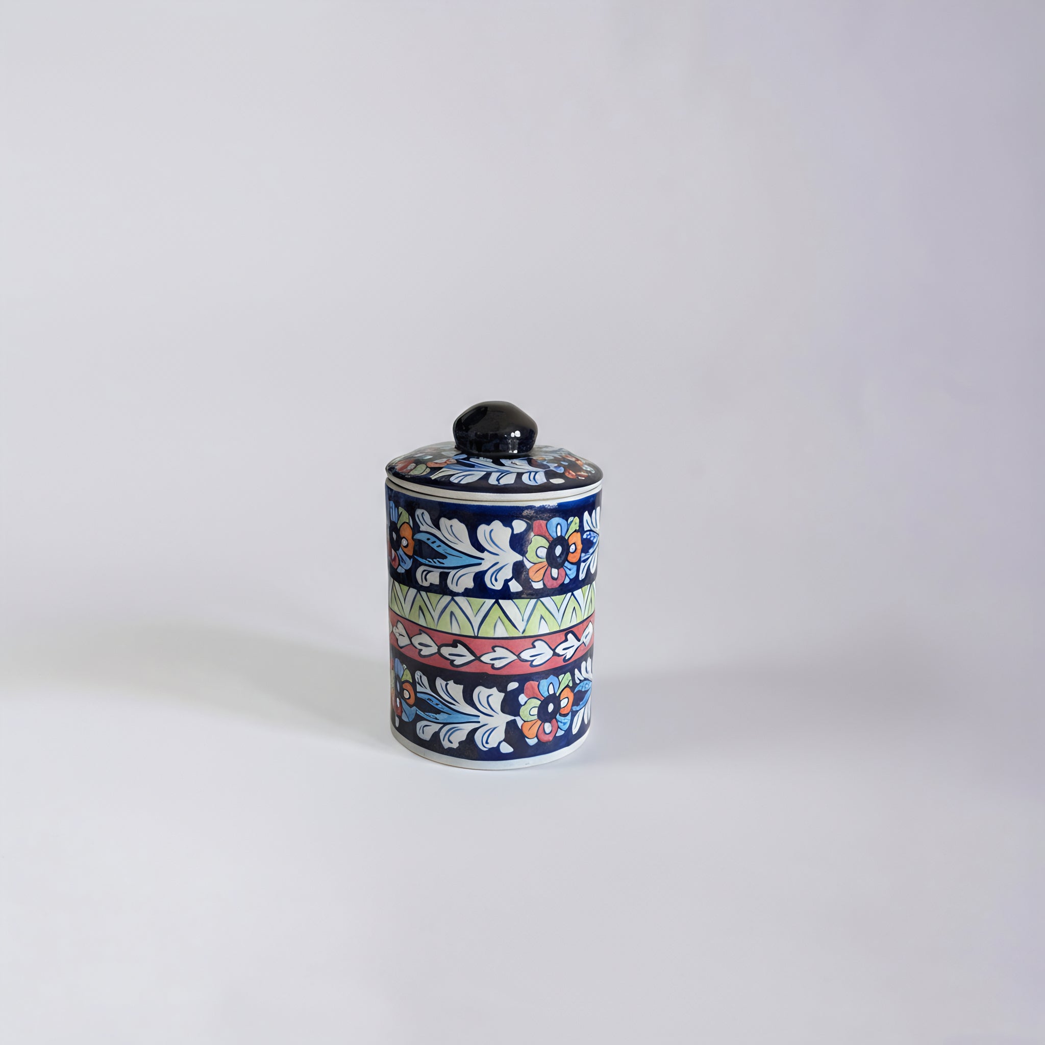 Blue Pottery Jar with Lid — 6″ Multani Ceramic (Floral & Geometric Bands)