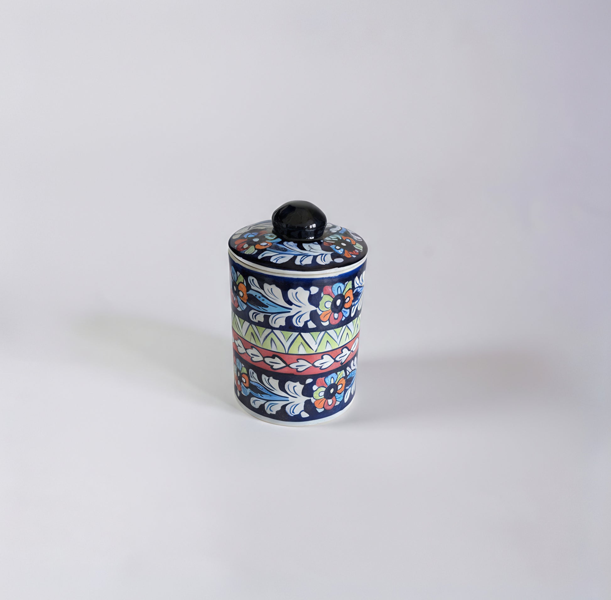 Blue Pottery Jar with Lid — 6″ Multani Ceramic (Floral & Geometric Bands)