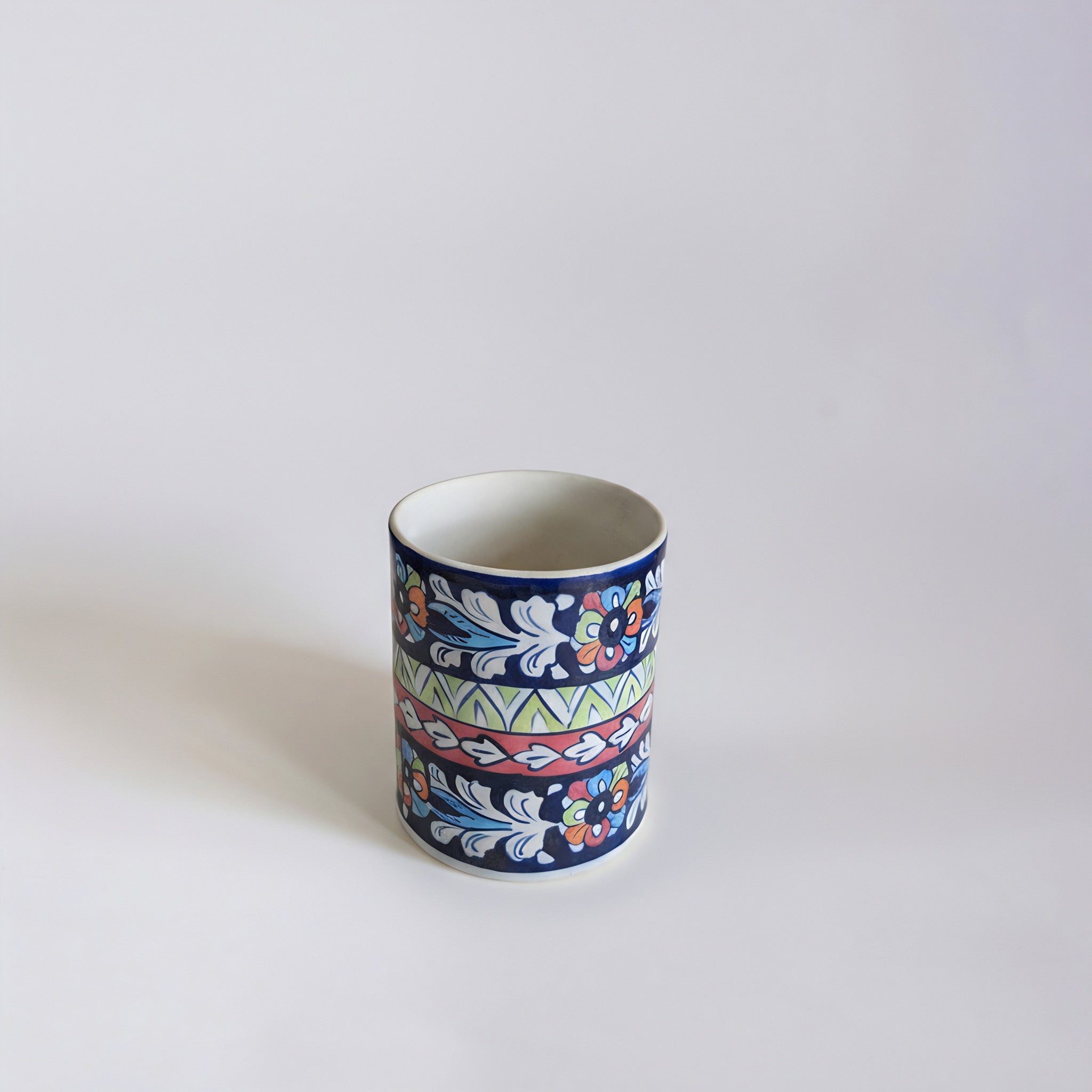 Blue Pottery Jar with Lid — 6″ Multani Ceramic (Floral & Geometric Bands)