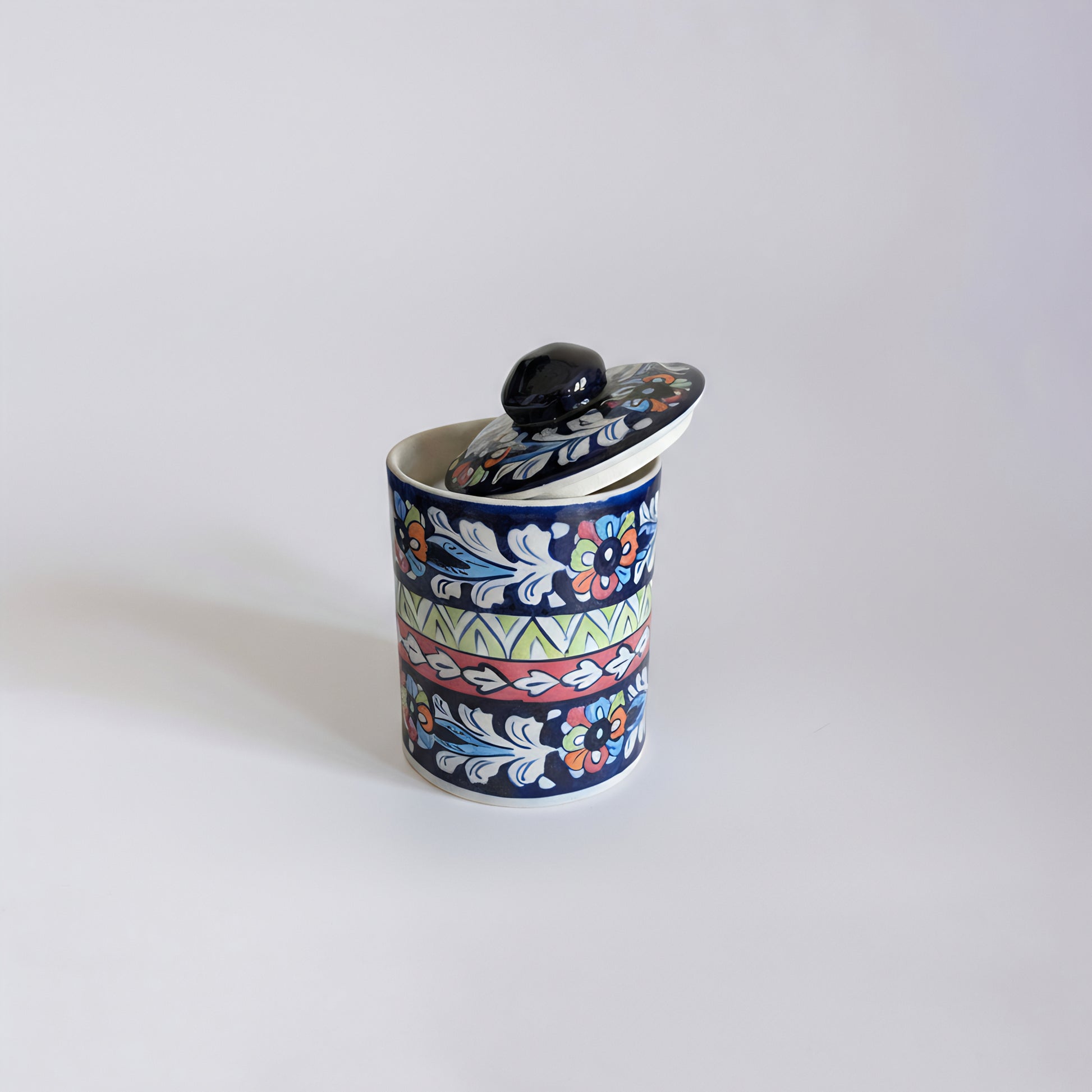 Blue Pottery Jar with Lid — 6″ Multani Ceramic (Floral & Geometric Bands)