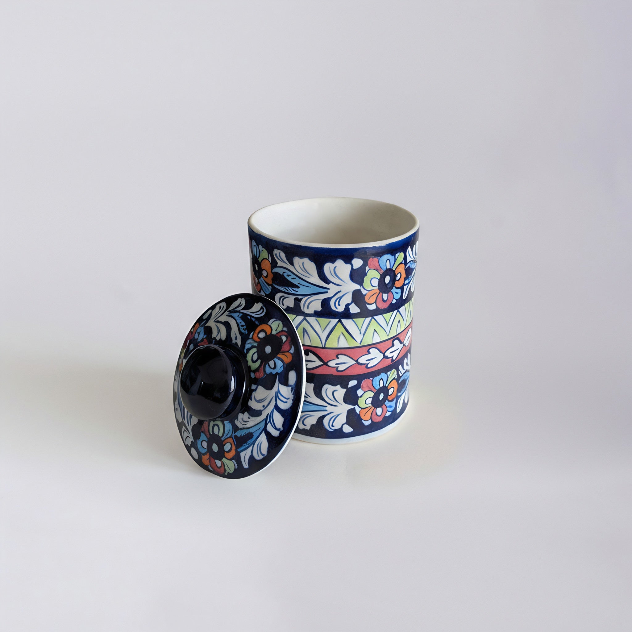 Blue Pottery Jar with Lid — 6″ Multani Ceramic (Floral & Geometric Bands)