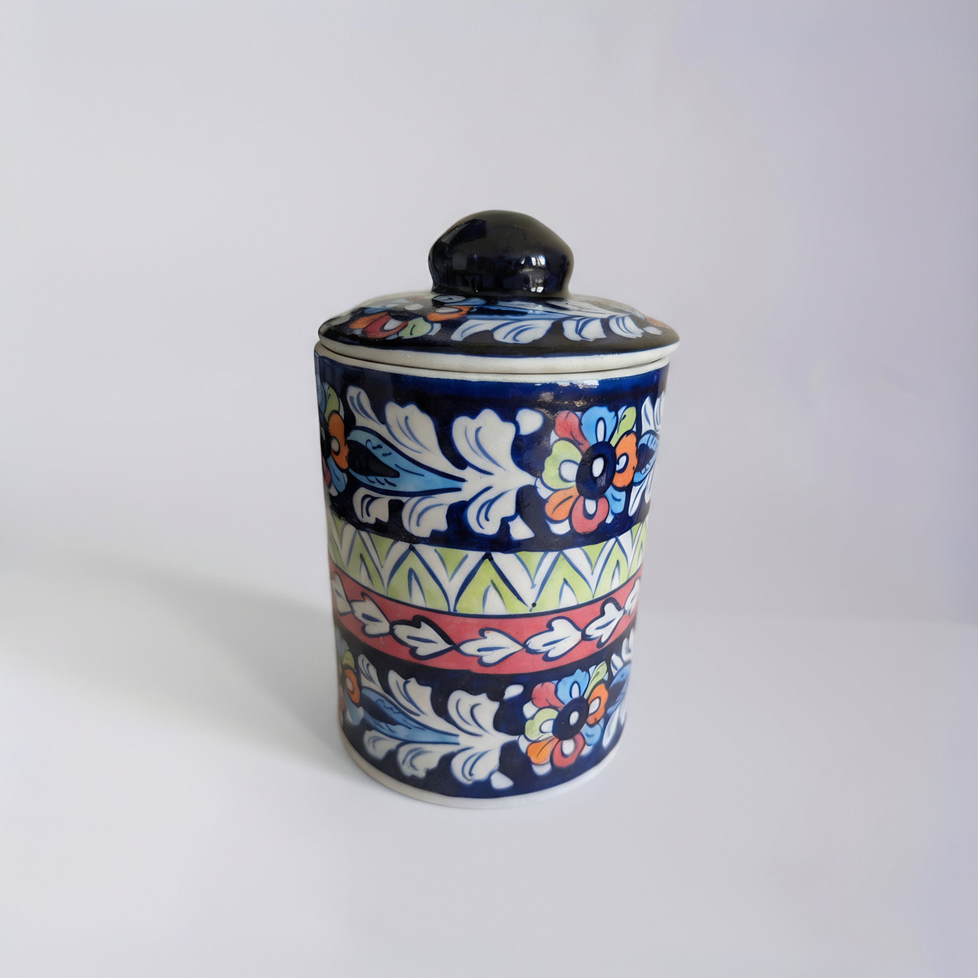 Blue Pottery Jar with Lid — 6″ Multani Ceramic (Floral & Geometric Bands)