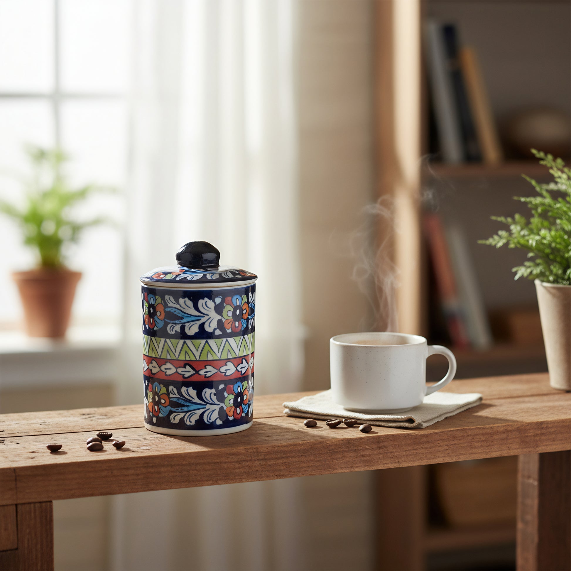 Blue Pottery Jar with Lid — 6″ Multani Ceramic (Floral & Geometric Bands)
