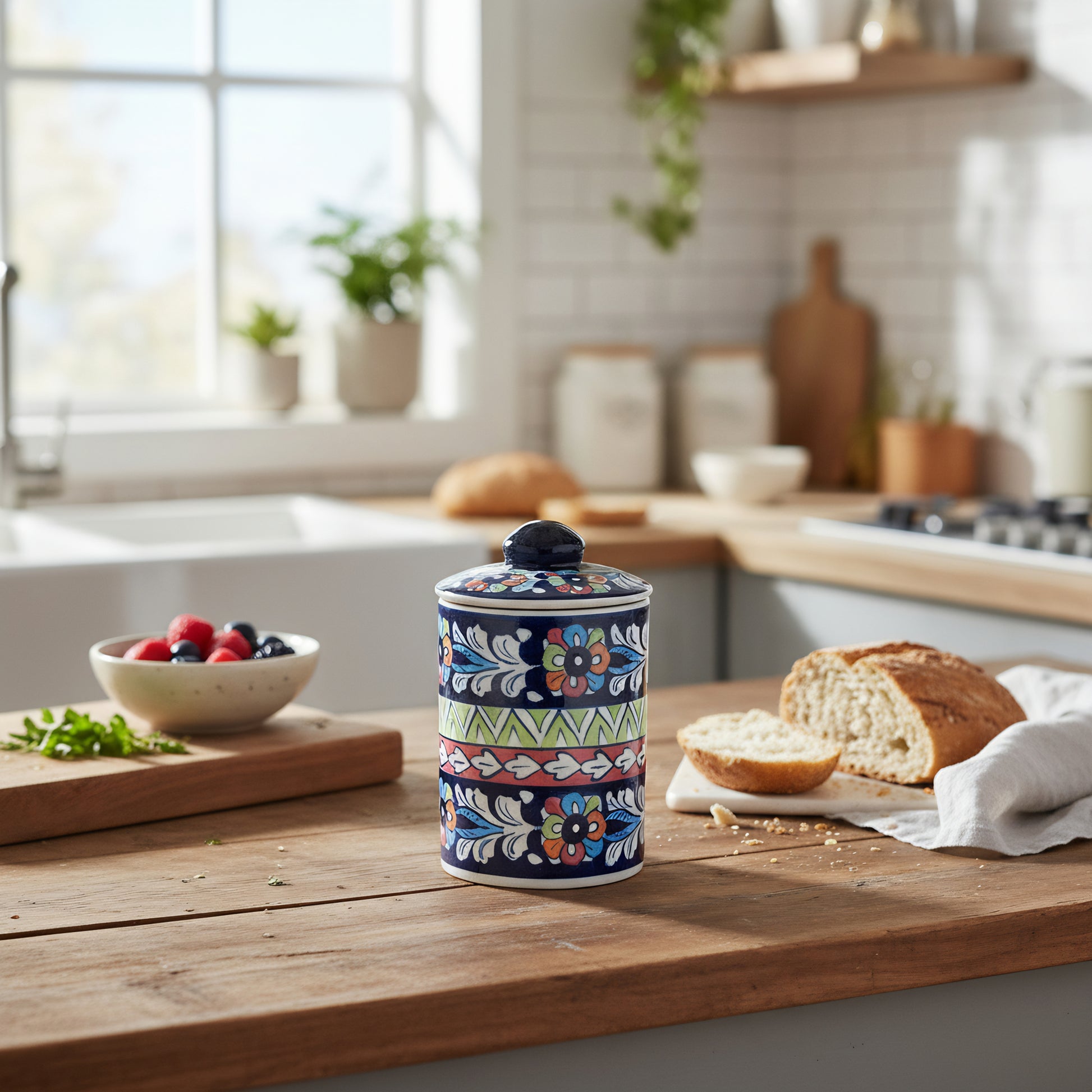 Blue Pottery Jar with Lid — 6″ Multani Ceramic (Floral & Geometric Bands)