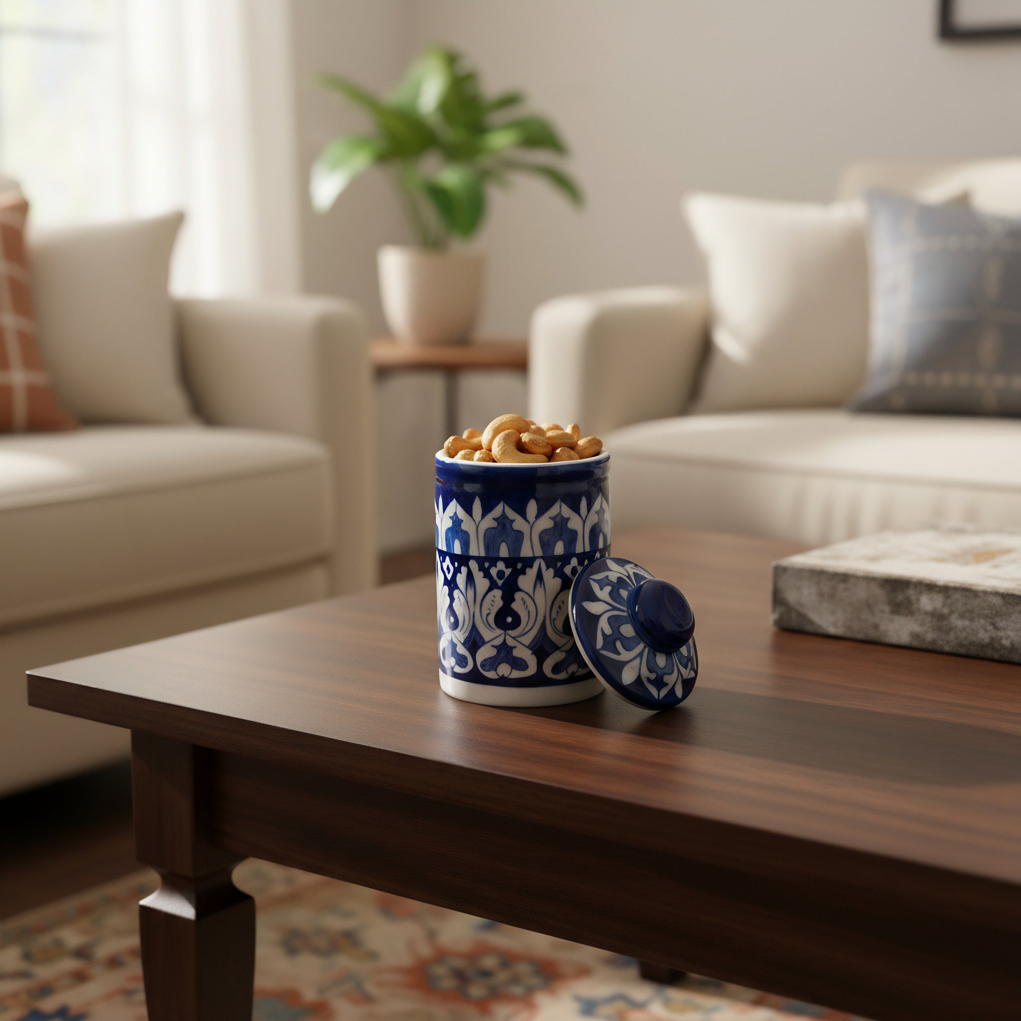 Handcrafted Multani Blue Pottery Jar with Lid — 6″ x 3.5″ Ceramic Storage & Decor