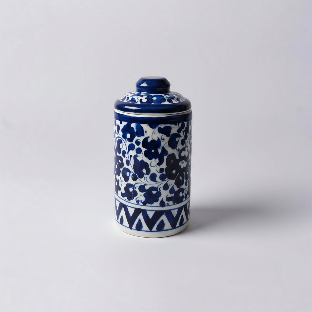 Set of 2 Blue Pottery Ceramic Jars with Lids — 6″ × 3.5″