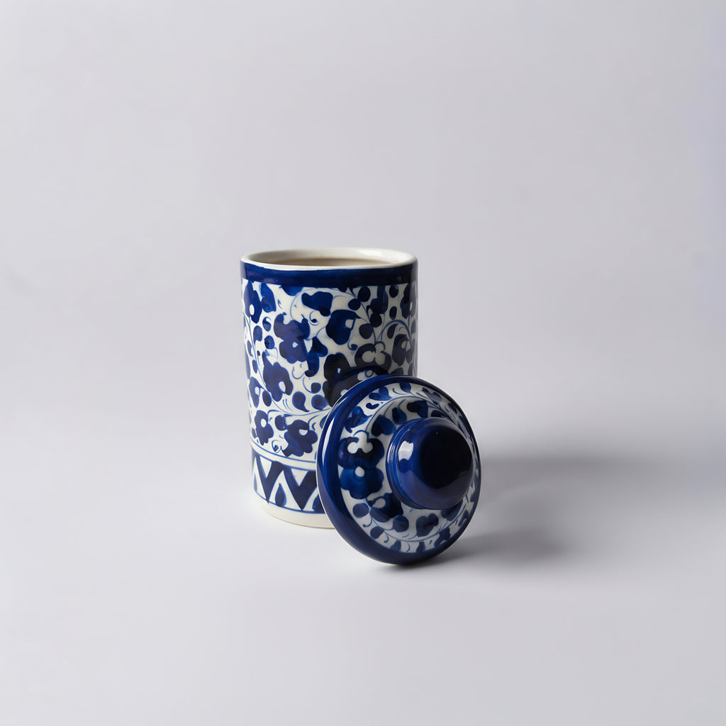 Set of 2 Blue Pottery Ceramic Jars with Lids — 6″ × 3.5″