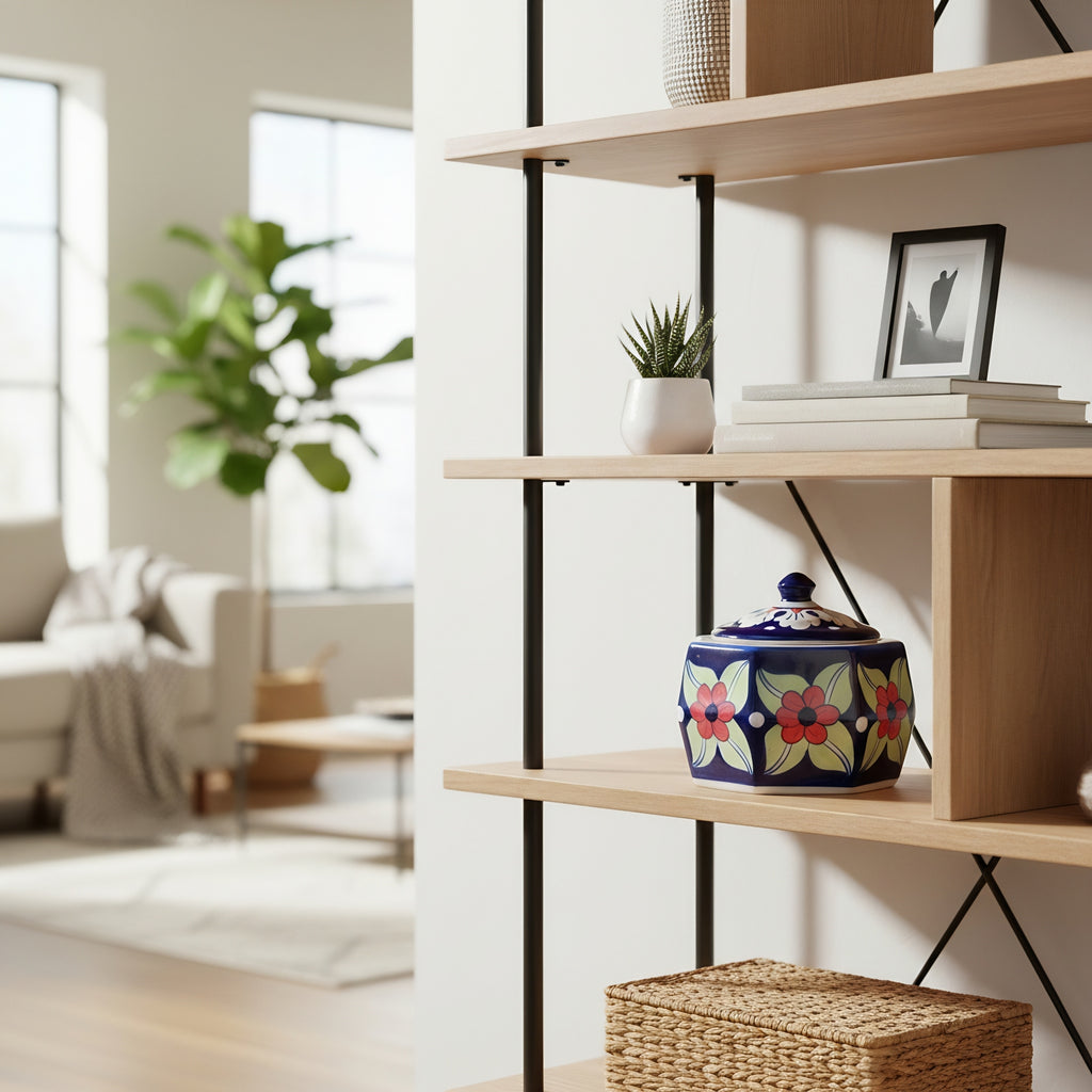 Multicolor Floral Blue Pottery Jewelry Box – 4.5 Inch wit lid