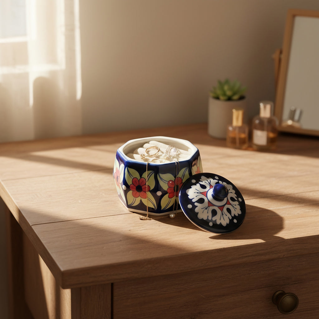 Multicolor Floral Blue Pottery Jewelry Box – 4.5 Inch wit lid