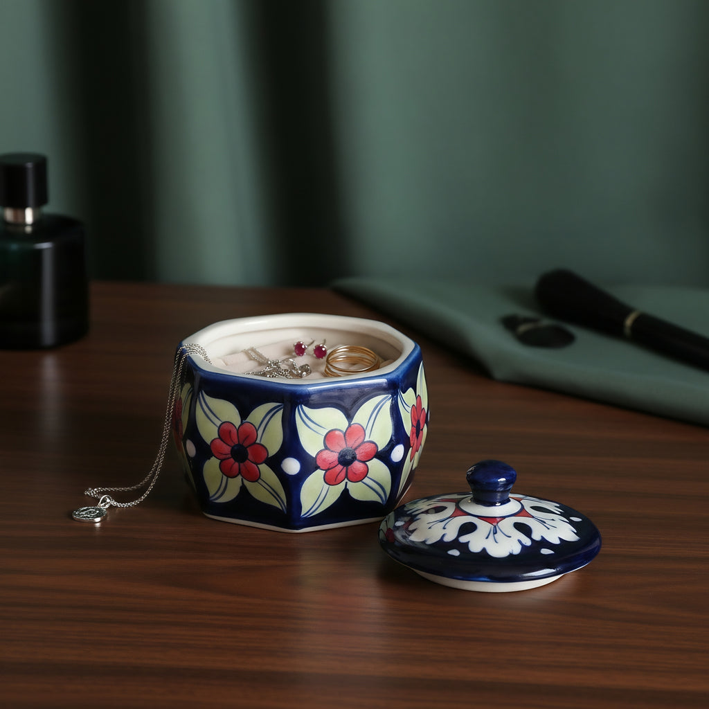 Multicolor Floral Blue Pottery Jewelry Box – 4.5 Inch wit lid