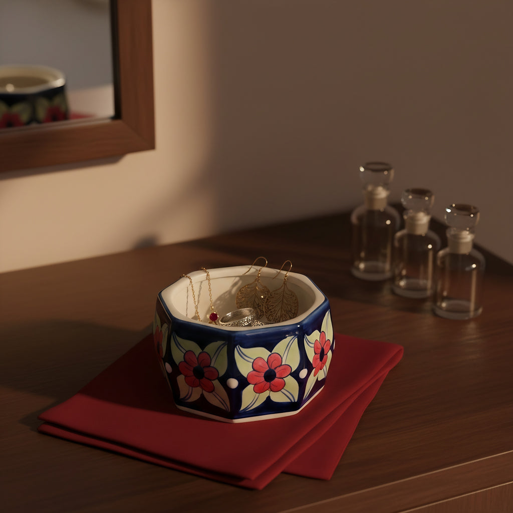 Multicolor Floral Blue Pottery Jewelry Box – 4.5 Inch wit lid