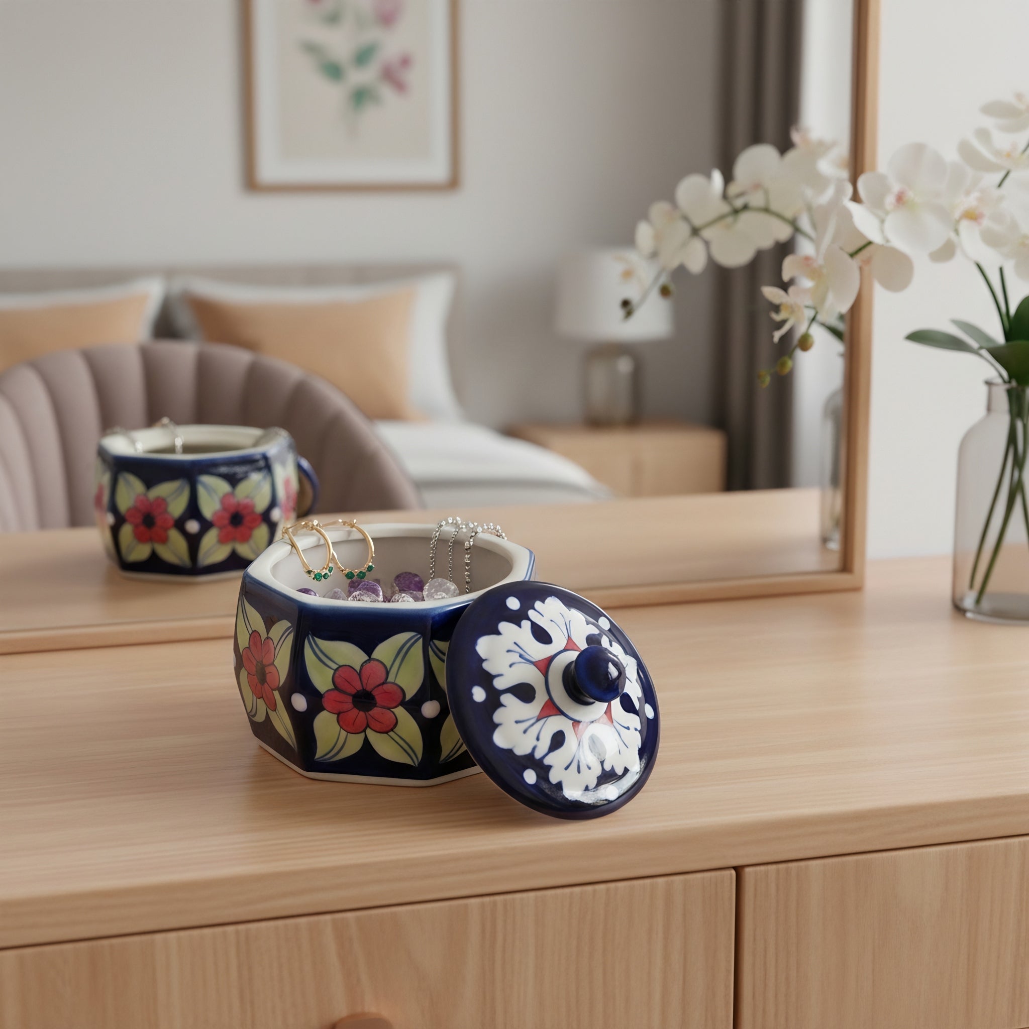 Multicolor Floral Blue Pottery Jewelry Box – 4.5 Inch wit lid