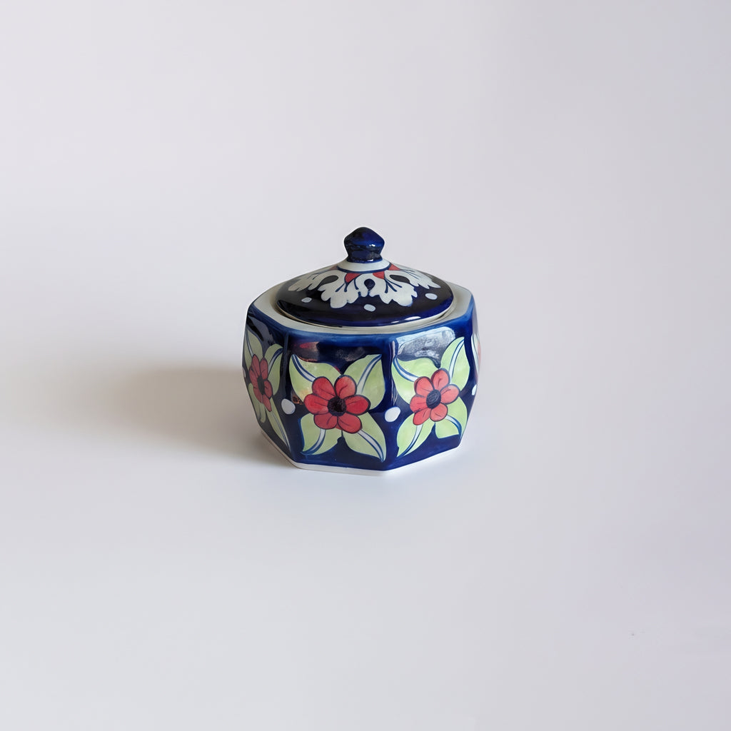 Multicolor Floral Blue Pottery Jewelry Box – 4.5 Inch wit lid