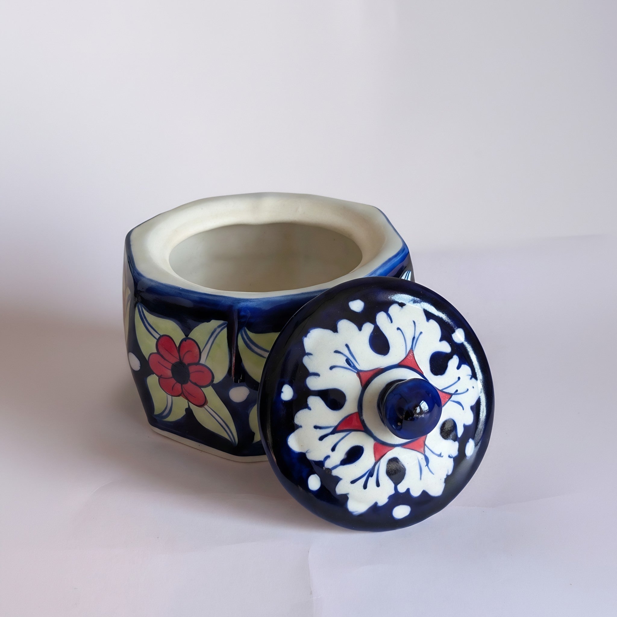 Multicolor Floral Blue Pottery Jewelry Box – 4.5 Inch wit lid