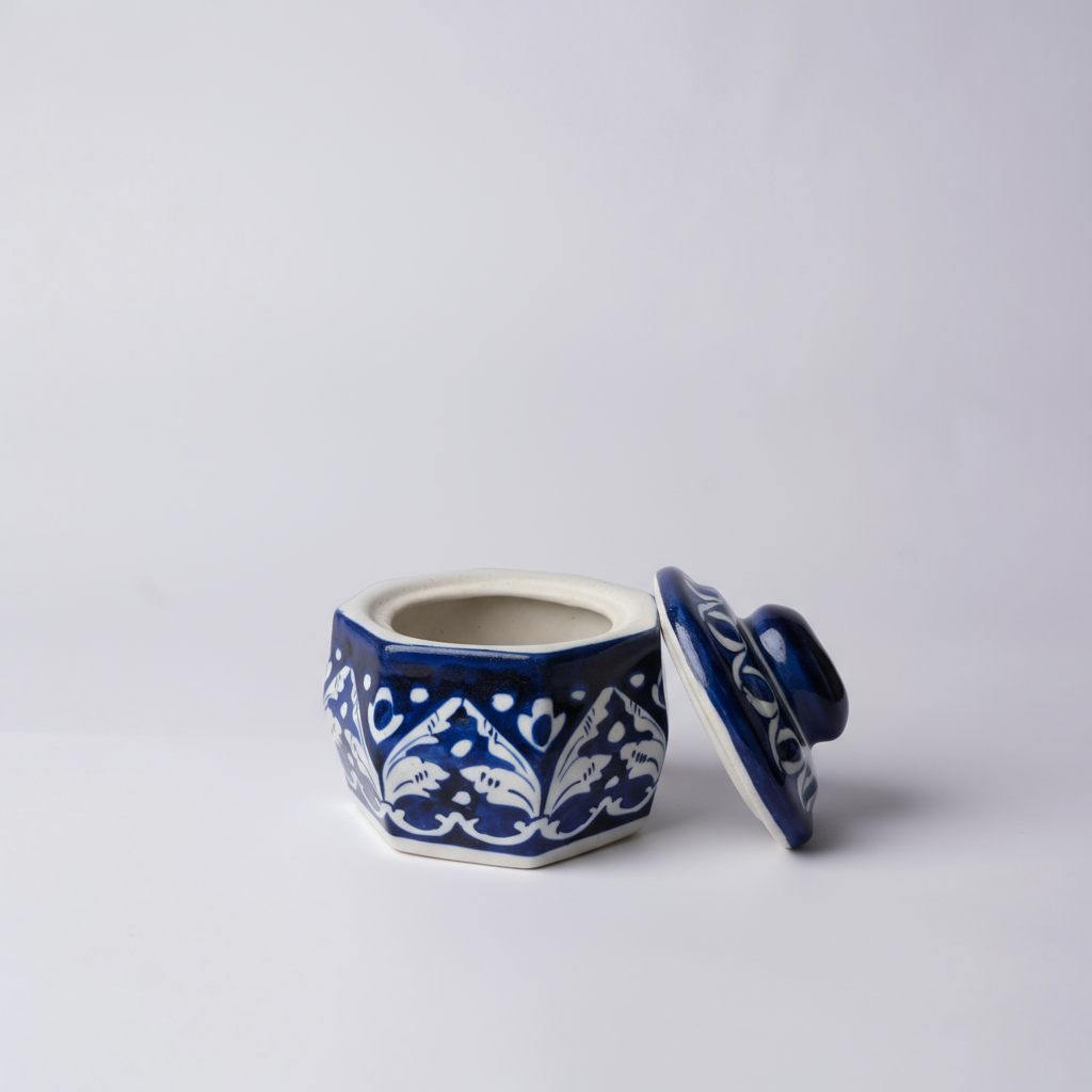 Hand-Painted Multani Blue Pottery Jewelry Box – 4.5″ Hexagonal with Lid