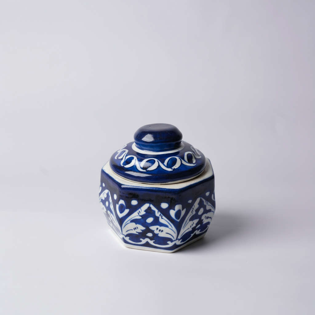 Hand-Painted Multani Blue Pottery Jewelry Box – 4.5″ Hexagonal with Lid