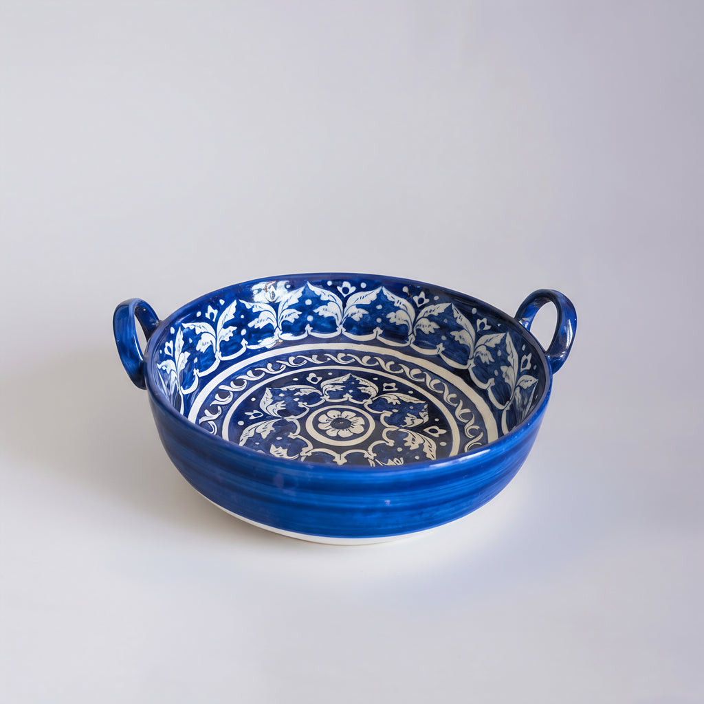Blue Pottery Serving Karahi — 9″ × 2.5″ Multani Ceramic (Traditional Floral Motif)
