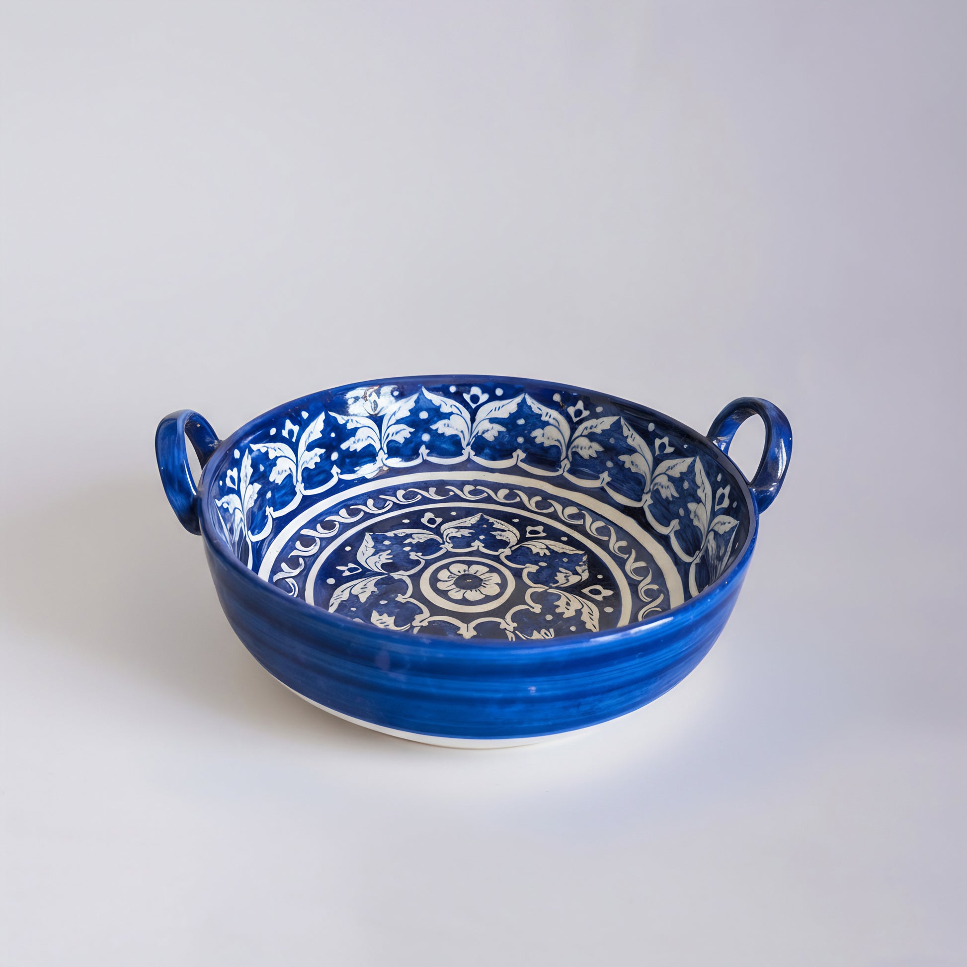 Blue Pottery Serving Karahi — 9″ × 2.5″ Multani Ceramic (Traditional Floral Motif)