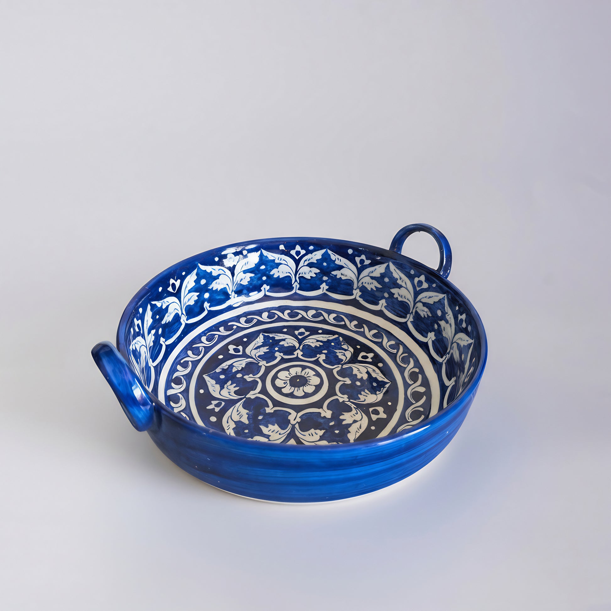 Blue Pottery Serving Karahi — 9″ × 2.5″ Multani Ceramic (Traditional Floral Motif)