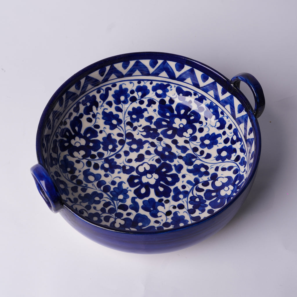 Blue Pottery Karahi - Style Serving Pot (9″) – Ceramic Bowl with Handles