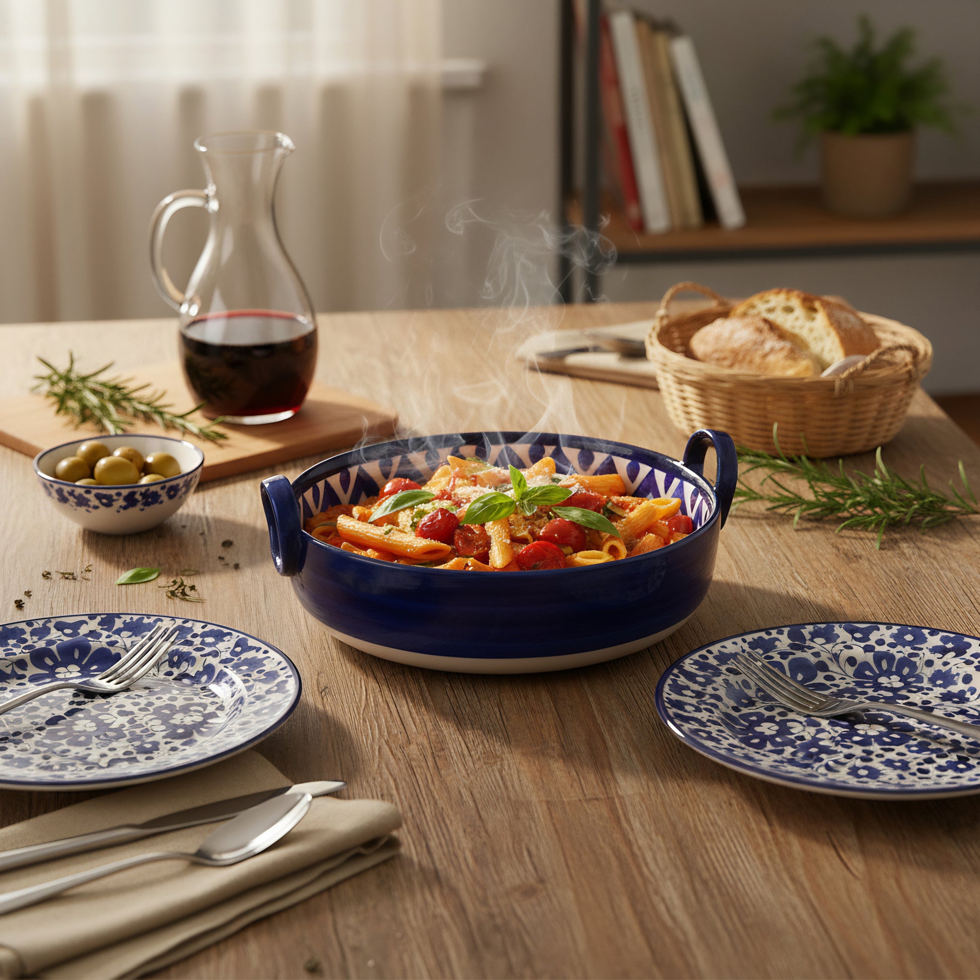 Blue Pottery Karahi - Style Serving Pot (9″) – Ceramic Bowl with Handles