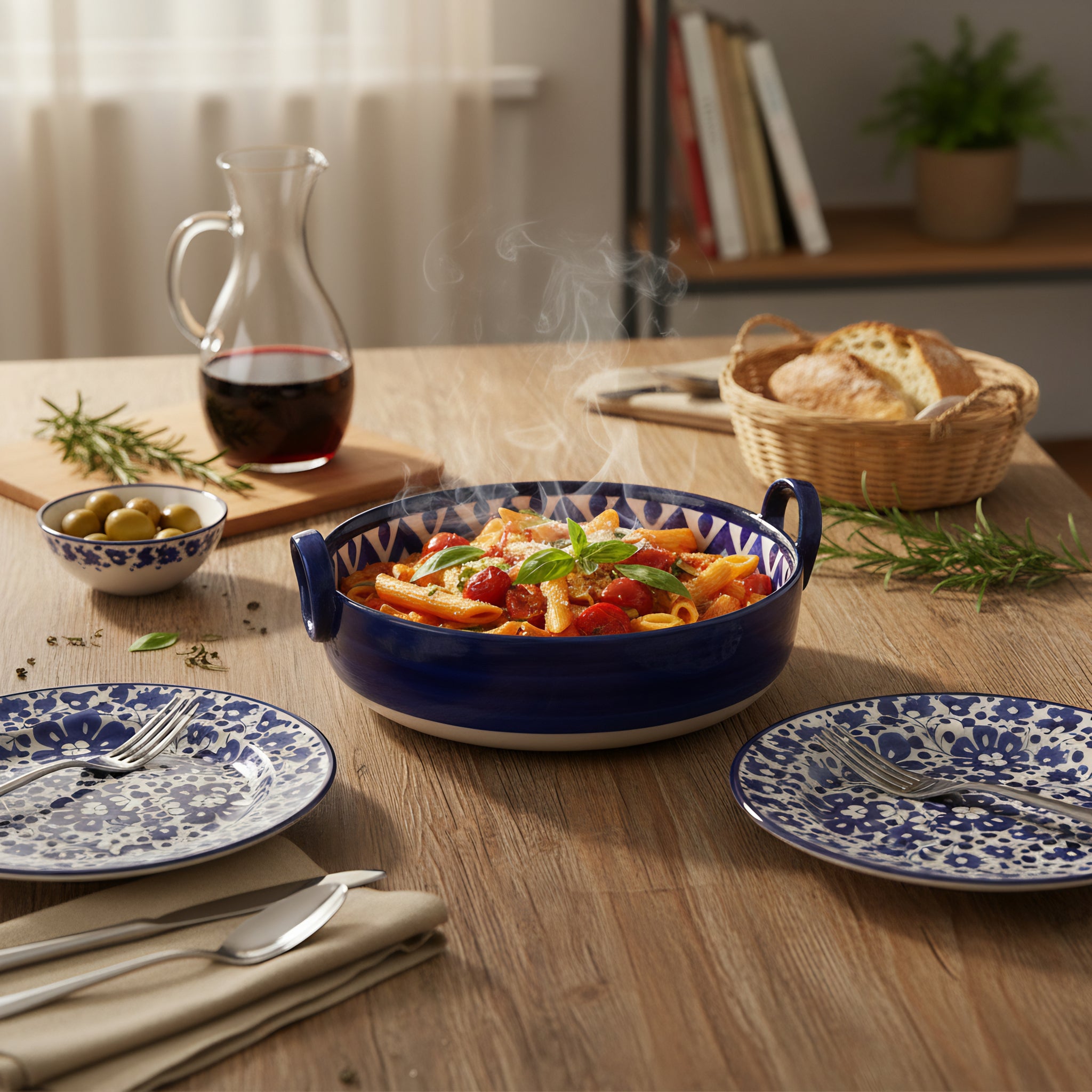 Blue Pottery Karahi - Style Serving Pot (9″) – Ceramic Bowl with Handles