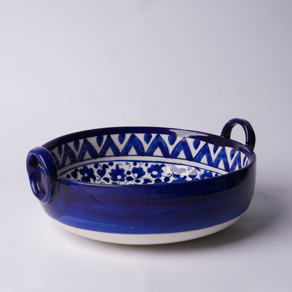 Blue Pottery Karahi - Style Serving Pot (9″) – Ceramic Bowl with Handles