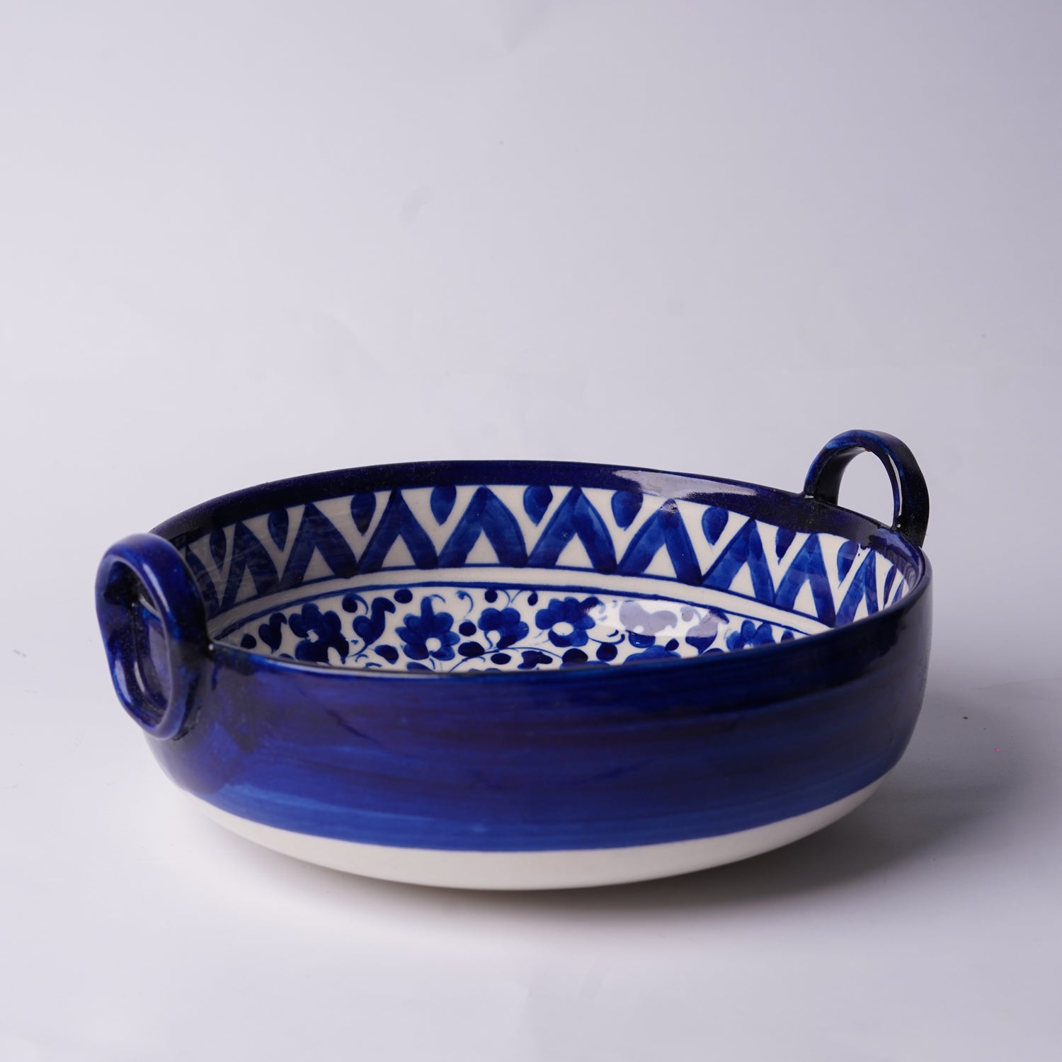 Blue Pottery Karahi - Style Serving Pot (9″) – Ceramic Bowl with Handles