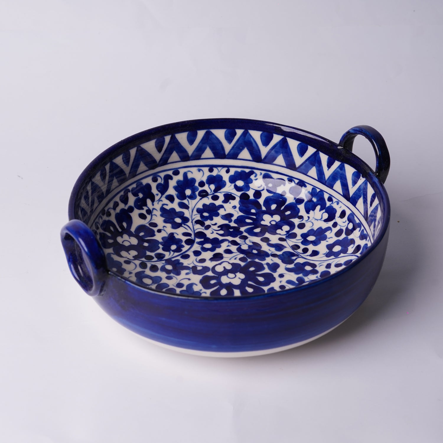 Blue Pottery Karahi - Style Serving Pot (9″) – Ceramic Bowl with Handles