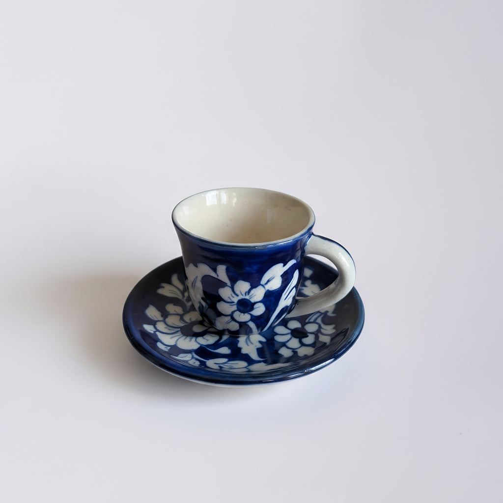 Cobalt Floral Blue Pottery Kehwa Cup & Saucer Set – 6 Pieces