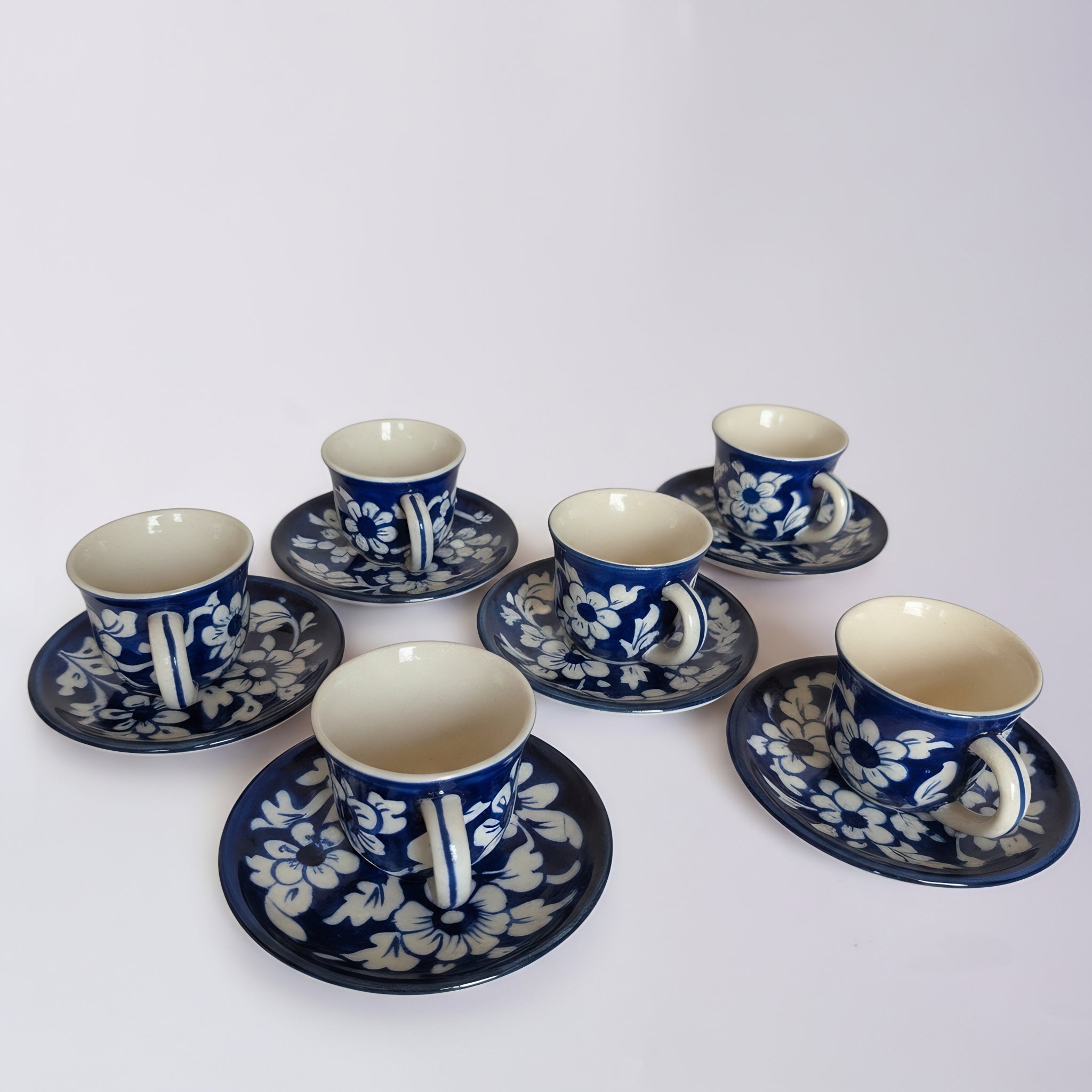 Cobalt Floral Blue Pottery Kehwa Cup & Saucer Set – 6 Pieces