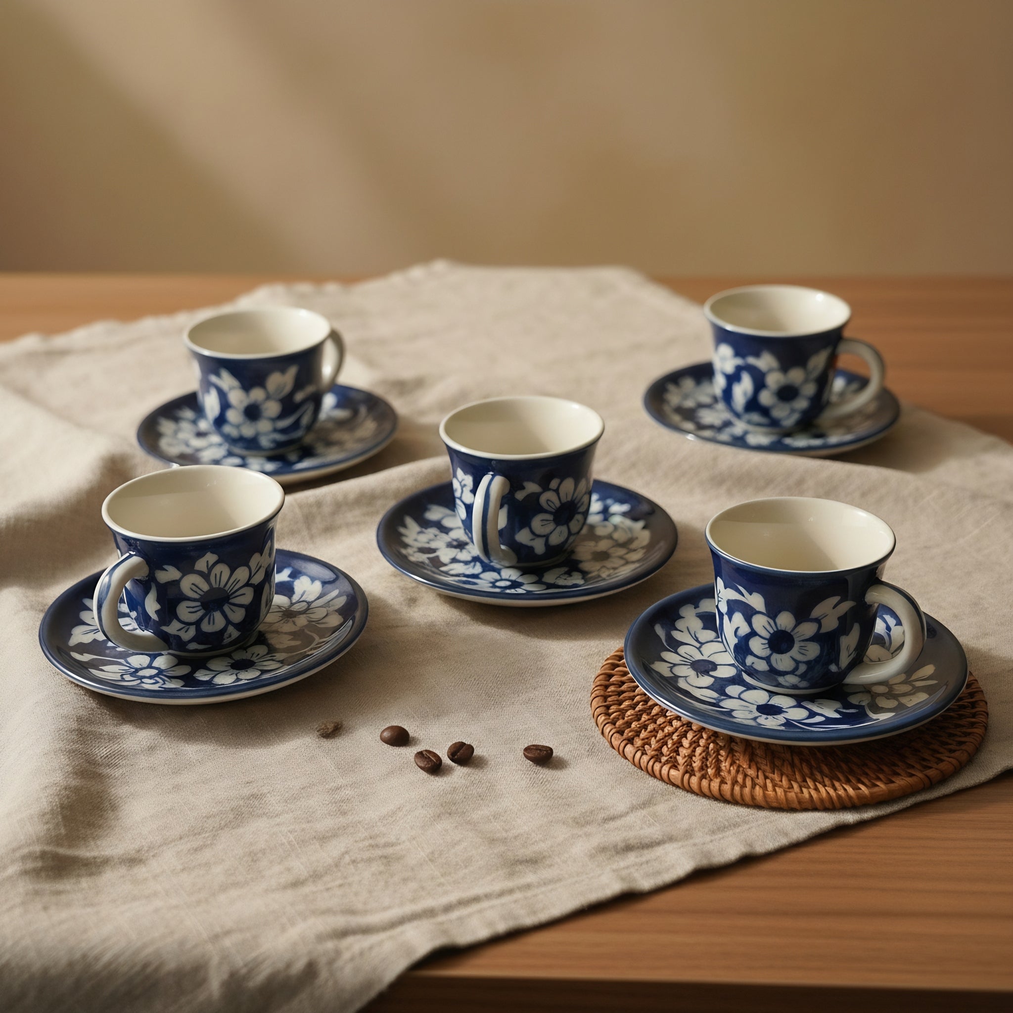 Cobalt Floral Blue Pottery Kehwa Cup & Saucer Set – 6 Pieces